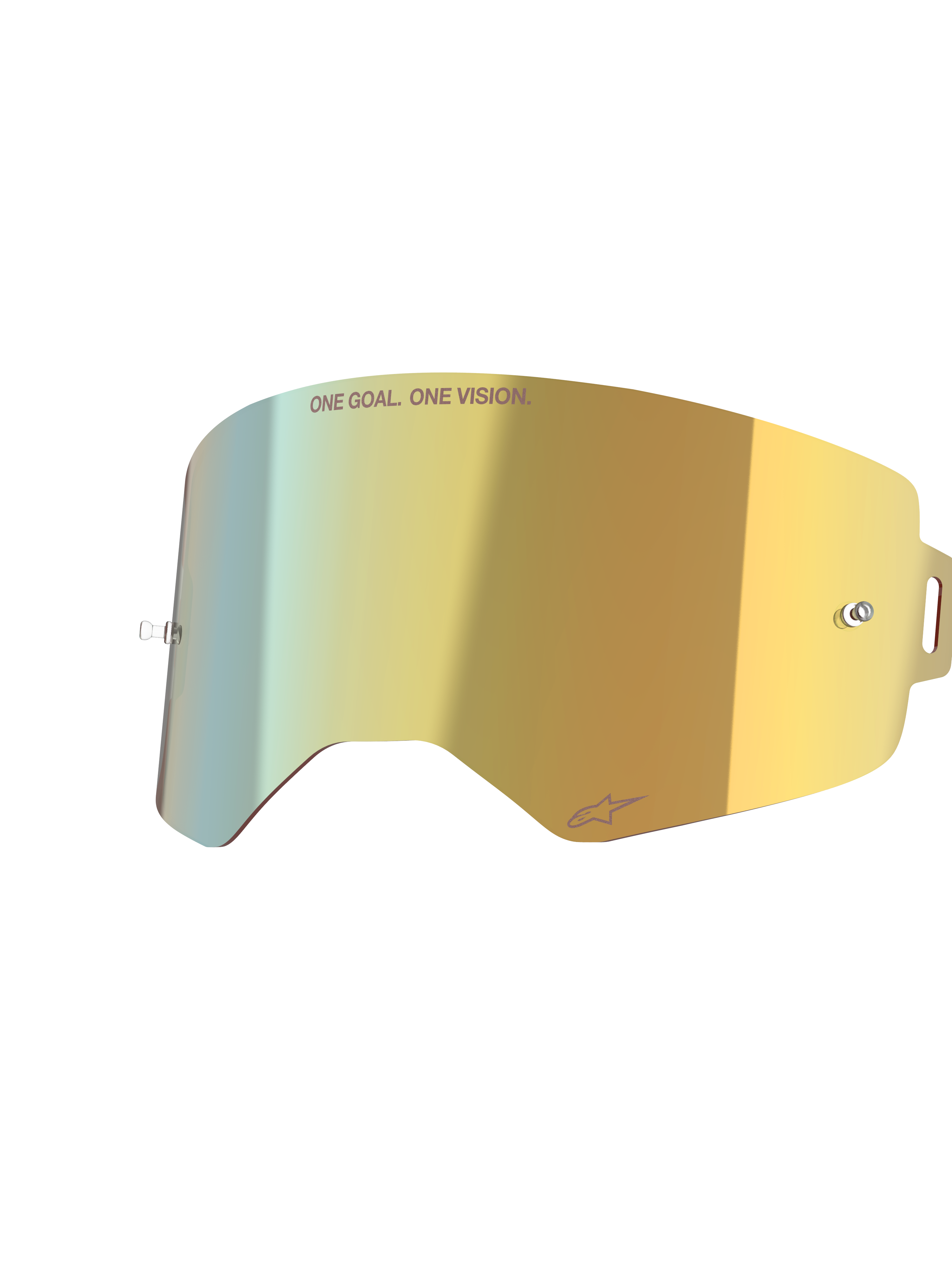 Alpinestars Supertech Mirror-linse, Mirror Gold, reflekterende udskiftningslinse til briller med integrerede tear-off-poster og 'ONE GOAL. ONE VISION.' tekst, motocross-tilbehør med høj klarhed