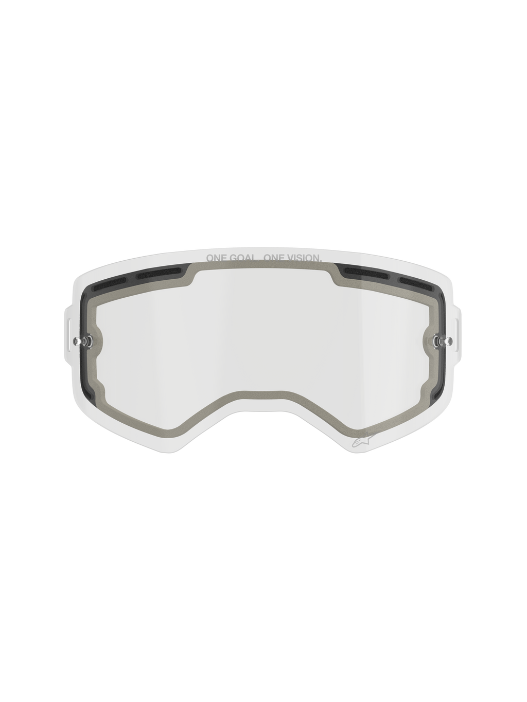 Alpinestars Supertech Double Pane Lens, reservelinse til motocross-briller, klar, ventileret design med grå skumforseglinger, 'ONE GOAL. ONE VISION.' branding på overkanten, buet anti-dug polycarbonat til off-road brug