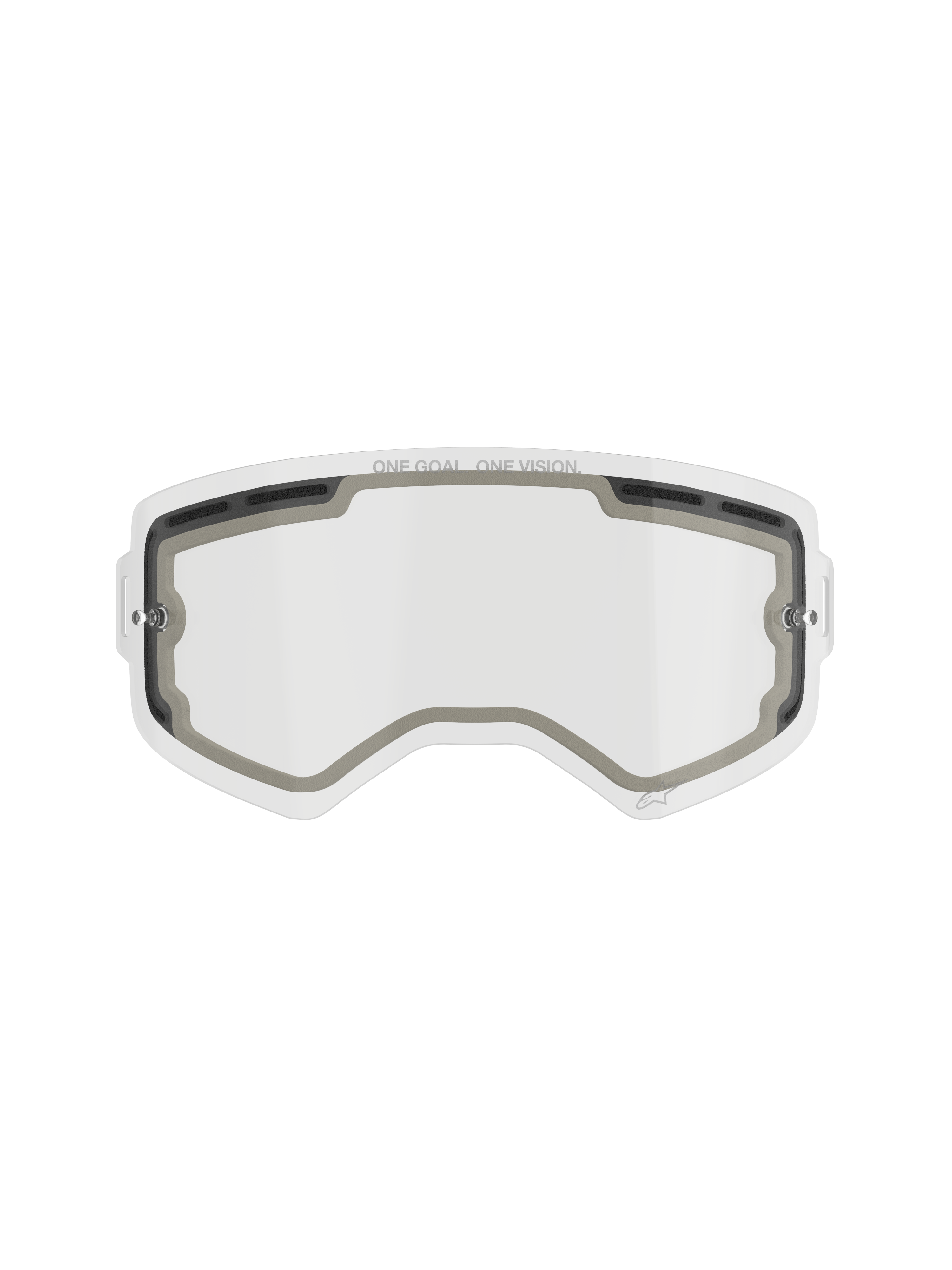 Alpinestars Supertech Double Pane Lens, reservelinse til motocross-briller, klar, ventileret design med grå skumforseglinger, 'ONE GOAL. ONE VISION.' branding på overkanten, buet anti-dug polycarbonat til off-road brug