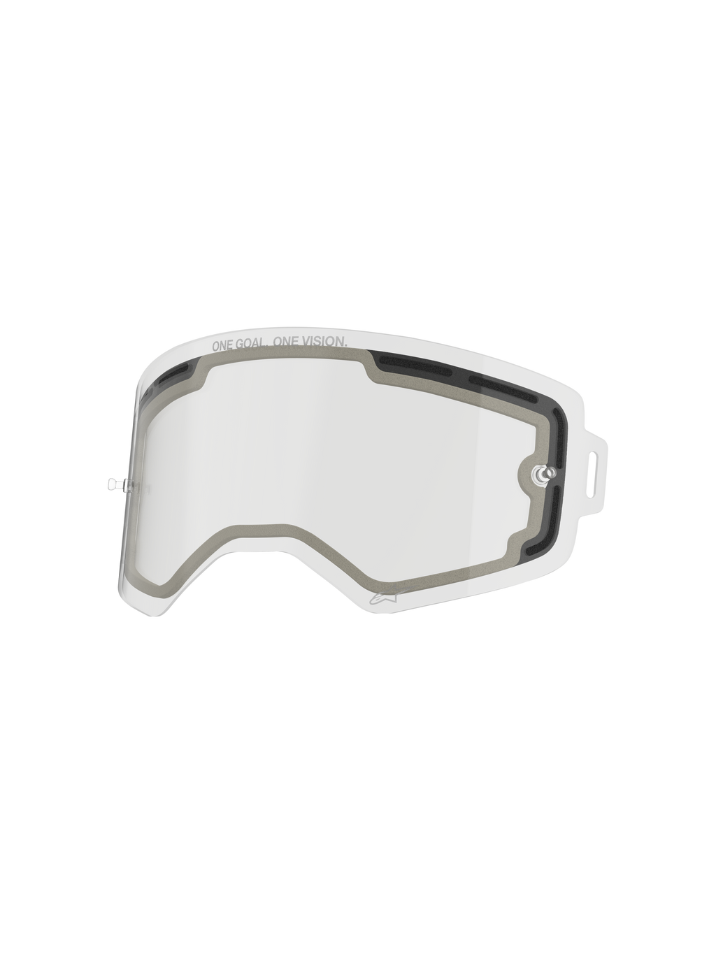 Alpinestars Supertech Double Pane linse, klar reservelinse til crossbriller, ventileret dobbeltlags-design med grå skumforsegling, med teksten "ONE GOAL. ONE VISION.", slagfast polycarbonat til motocross