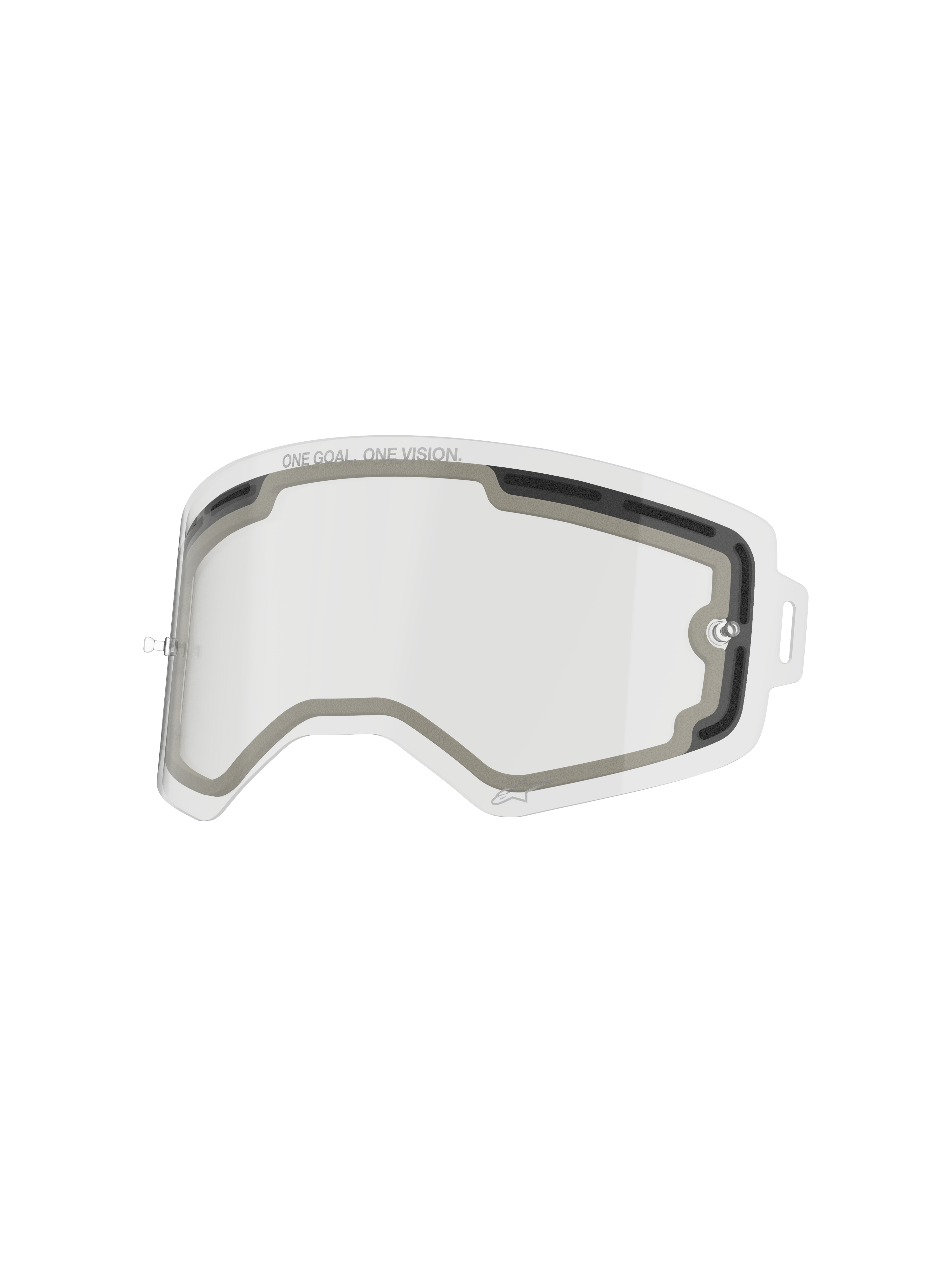 Alpinestars Supertech Double Pane linse, klar reservelinse til crossbriller, ventileret dobbeltlags-design med grå skumforsegling, med teksten "ONE GOAL. ONE VISION.", slagfast polycarbonat til motocross