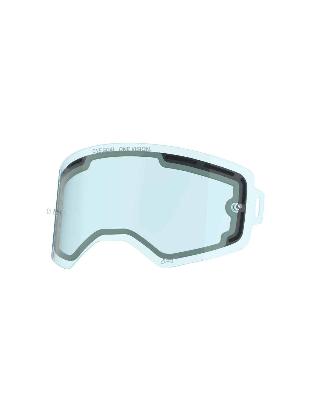 Alpinestars Supertech linse, blåtonet ventileret dobbelt-panel linse til briller, med 'ONE GOAL. ONE VISION.' tekst, slagfast udskiftningslinse i polycarbonat til motocross og off-road racing beskyttelse
