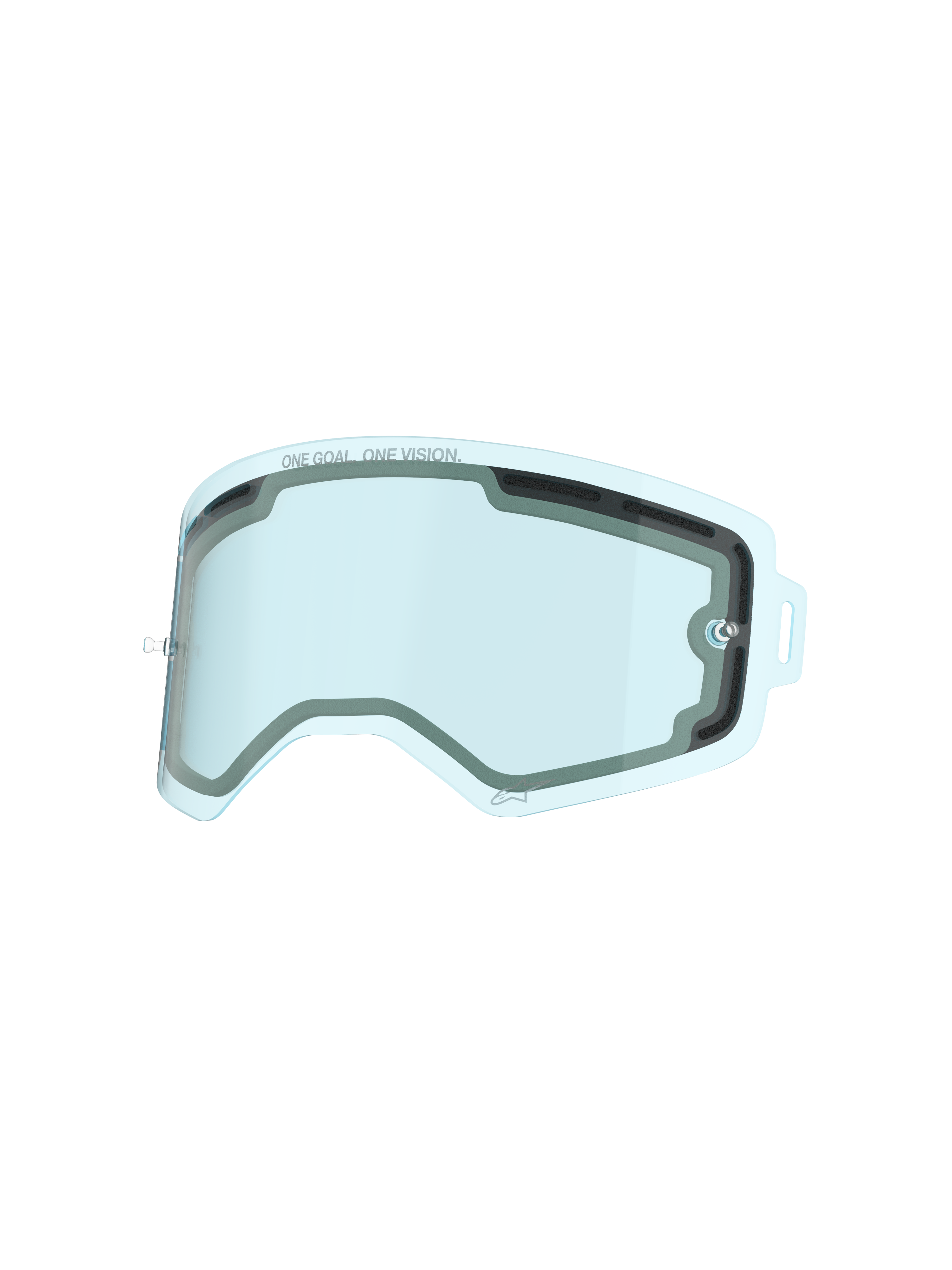 Alpinestars Supertech linse, blåtonet ventileret dobbelt-panel linse til briller, med 'ONE GOAL. ONE VISION.' tekst, slagfast udskiftningslinse i polycarbonat til motocross og off-road racing beskyttelse
