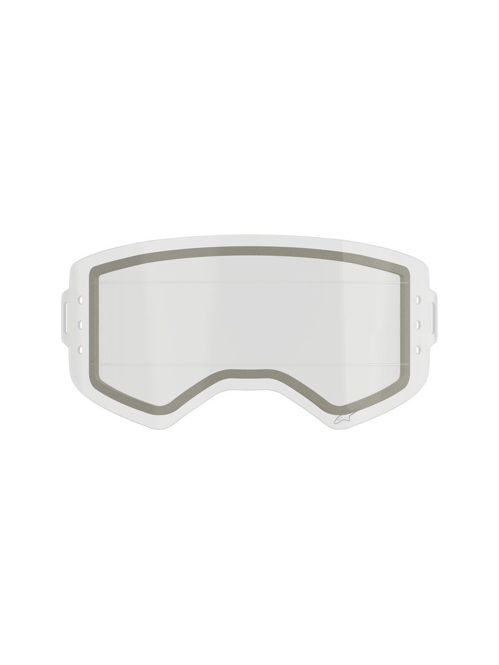Alpinestars Supertech Dual Pane Roll Off-linse, reservelinse til motocrossbriller, klar, dobbeltlagskonstruktion med synlig grå neoprenforsegling og indhak i siderne til roll-off-film, gennemsigtig slagfast polycarbonat
