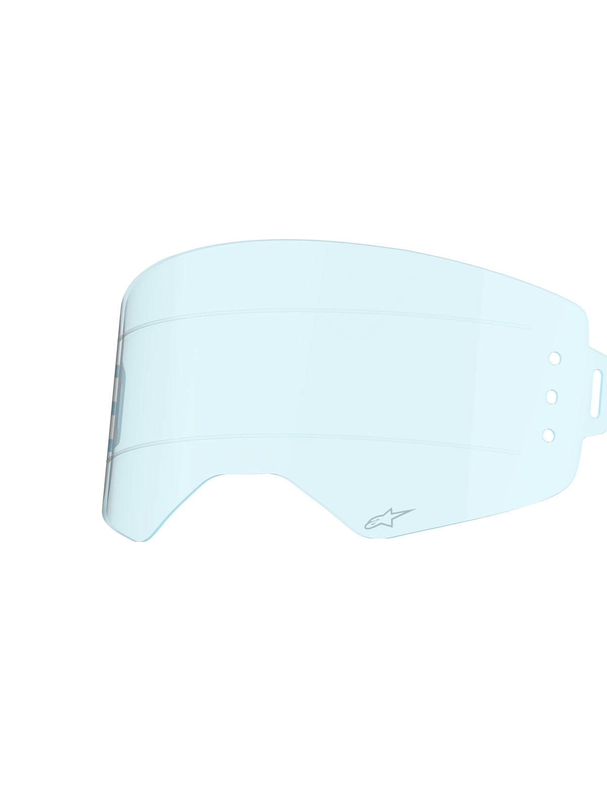 Alpinestars Supertech Wide Vision Roll-Off linse, Clear Blue nuance, sprøjtestøbt polycarbonatkonstruktion, horisontale silikone-glidelinjer og A-star logo, reservelinse til motocross-briller for optimeret off-road udsyn