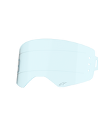 Alpinestars Supertech Wide Vision Roll-Off linse, Clear Blue nuance, sprøjtestøbt polycarbonatkonstruktion, horisontale silikone-glidelinjer og A-star logo, reservelinse til motocross-briller for optimeret off-road udsyn