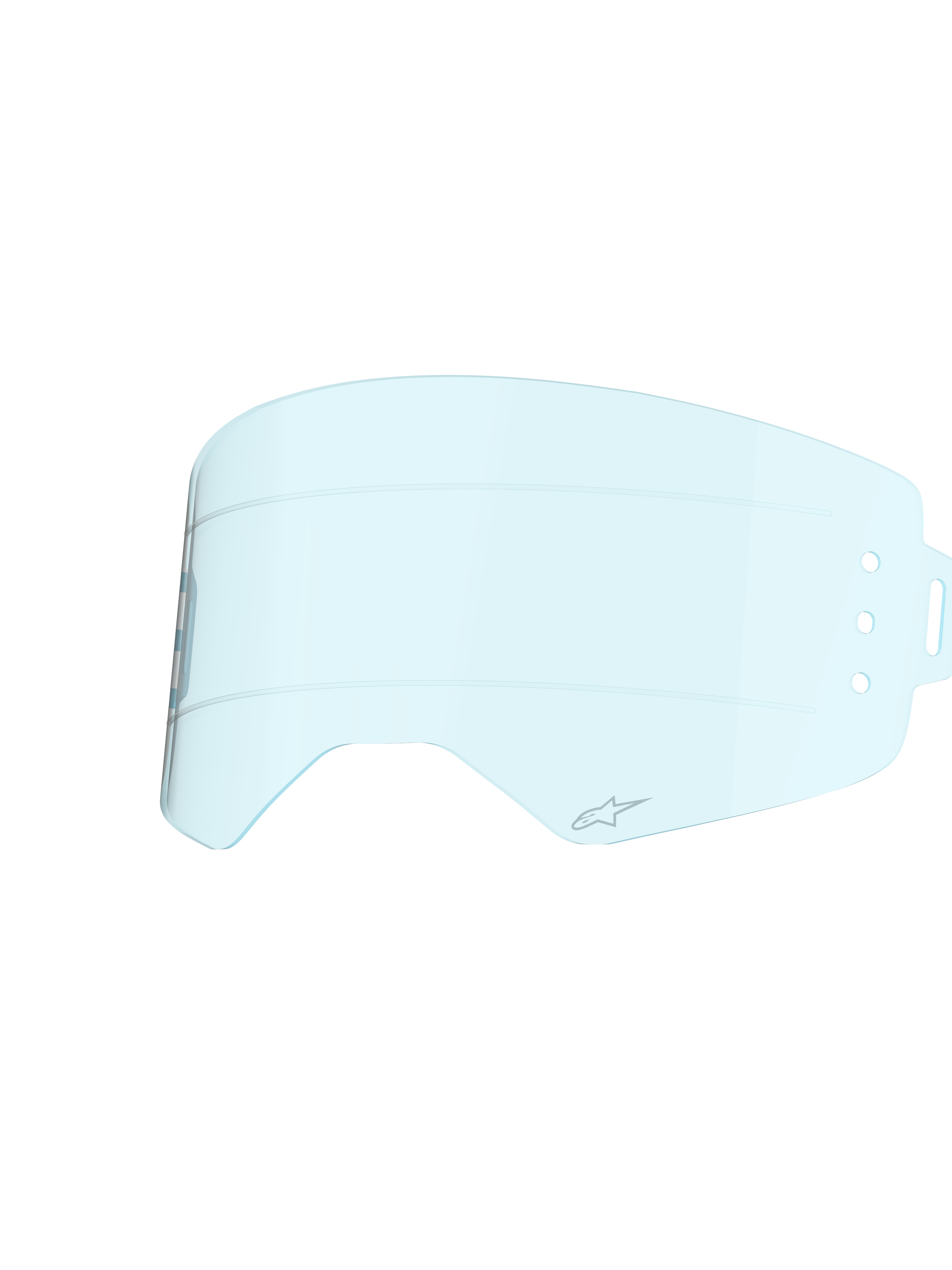 Alpinestars Supertech Wide Vision Roll-Off linse, Clear Blue nuance, sprøjtestøbt polycarbonatkonstruktion, horisontale silikone-glidelinjer og A-star logo, reservelinse til motocross-briller for optimeret off-road udsyn