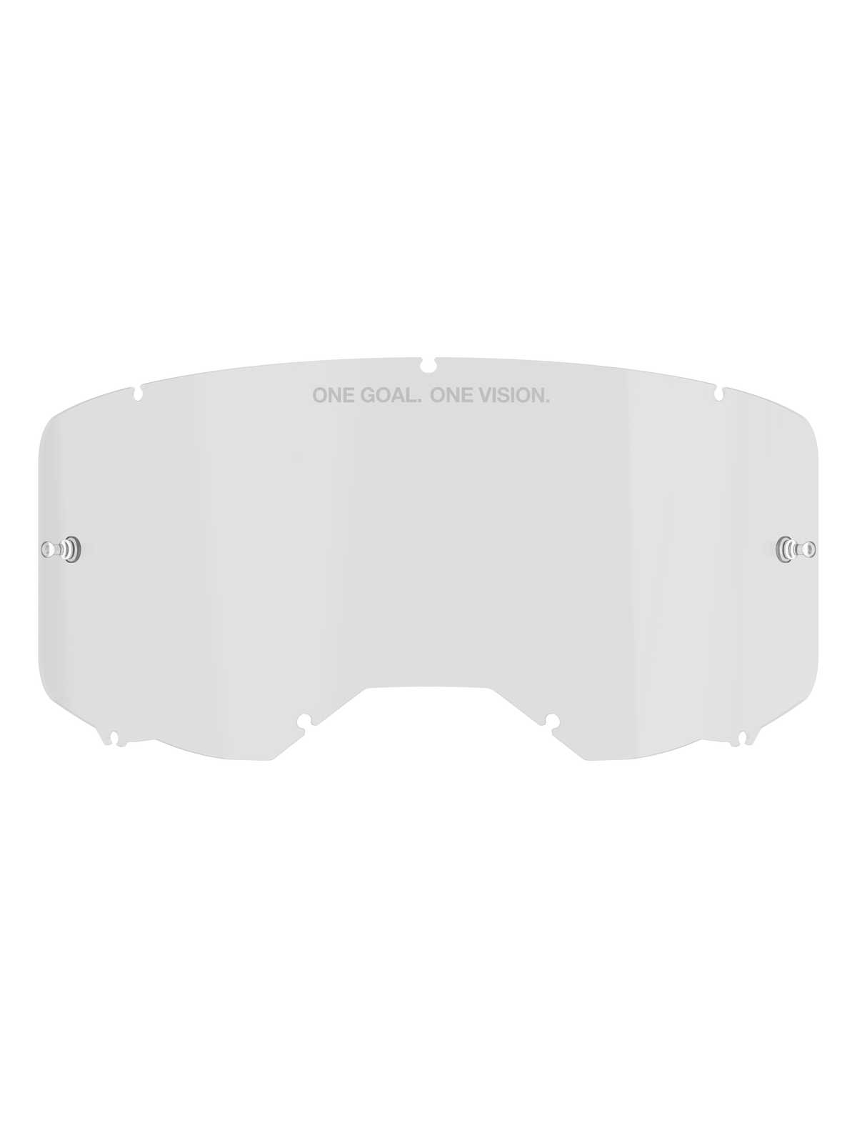 Alpinestars Vision 8-5-3 Lens, Clear replacement goggle lens, polycarbonate construction with integrated tear-off posts and seven-point locking system, featuring 'ONE GOAL. ONE VISION.' text, for motocross and off-road riding protection
