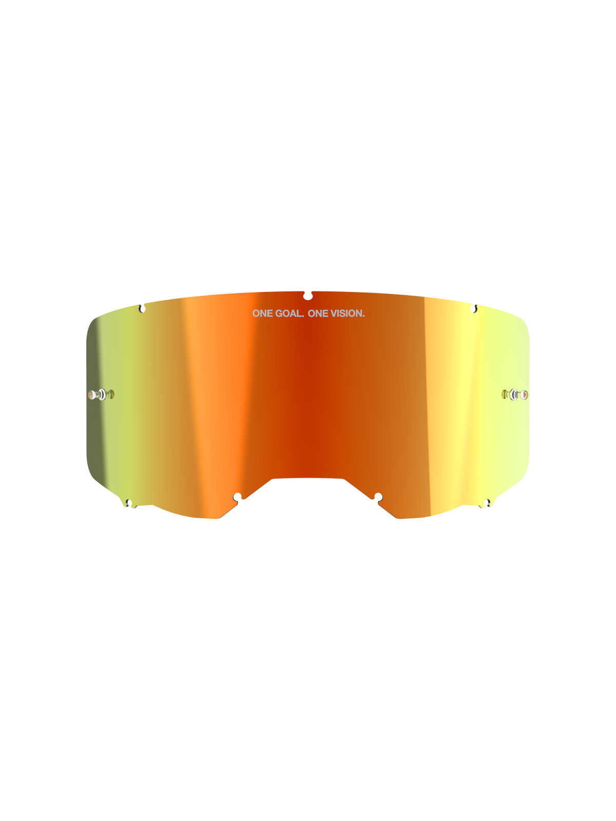 Alpinestars Vision 8-5-3 Mirror Lens, Motocross Goggle Accessory, Mirror Red finish with orange and yellow gradient, featuring 'ONE GOAL. ONE VISION.' text, integrated tear-off posts, and notched edges for secure frame mounting.