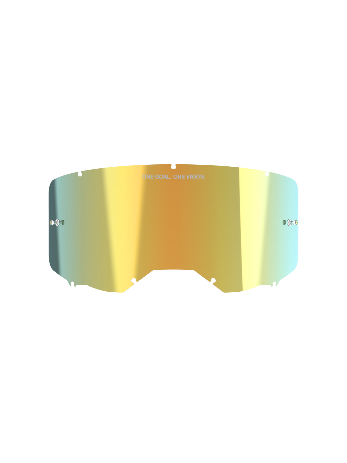 Alpinestars Vision 8-5-3 Mirror Linse, tilbehør til motocrossbriller, Mirror Gold, reflekterende metallisk finish med "ONE GOAL. ONE VISION." tekst, integrerede tear-off-poster, syv-nøglehuls låsesystem, polycarbonat med høj klarhed til off-road racing