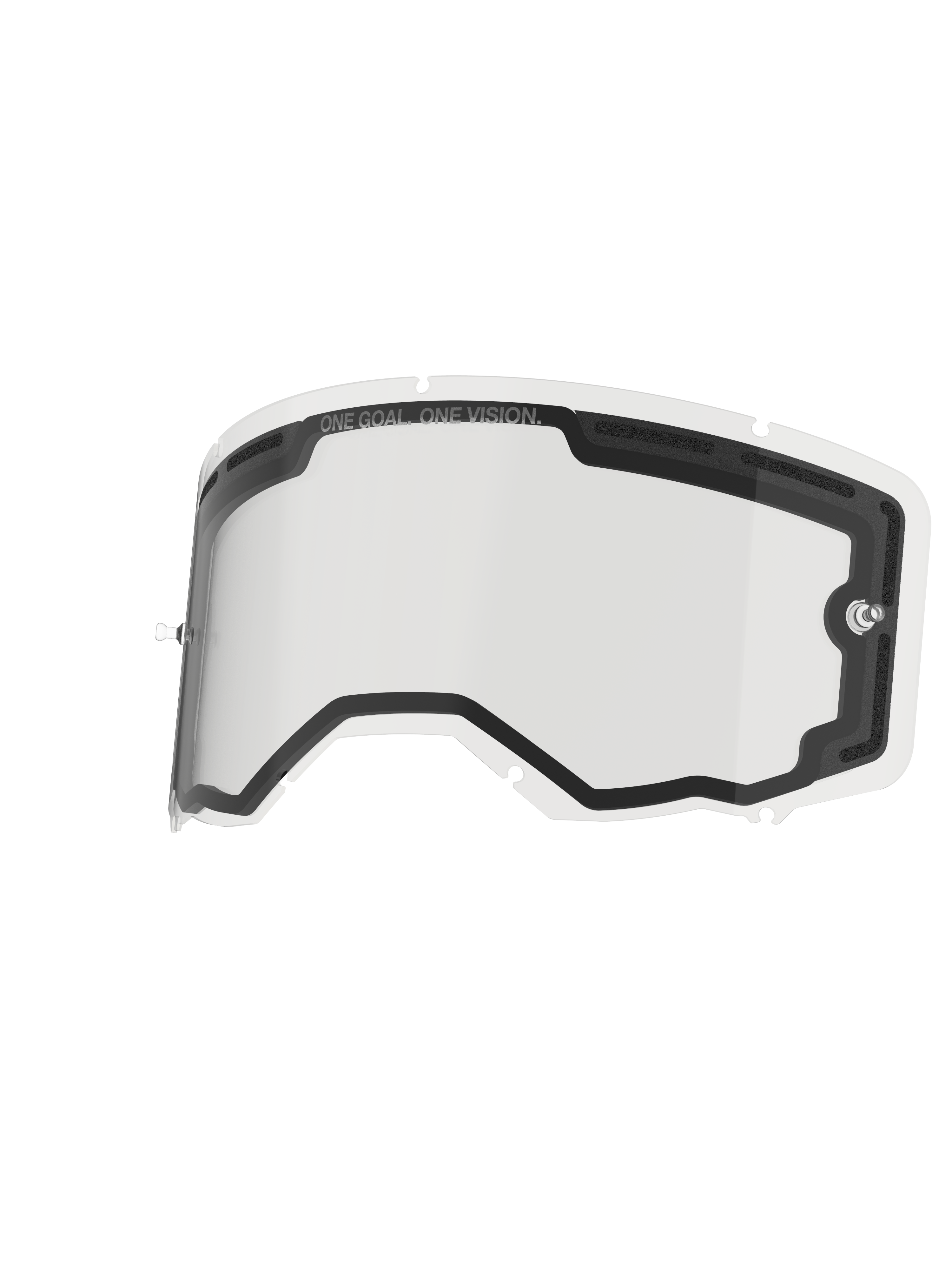 Alpinestars Vision 8-5-3 Lens Dual Pane, klar reservelinse til beskyttelsesbriller, dobbeltlagskonstruktion med skumpolstret ventilation, integrerede tear-off-poster og syv-nøglehuls låsesystem, "ONE GOAL. ONE VISION." trykt på den øverste kant