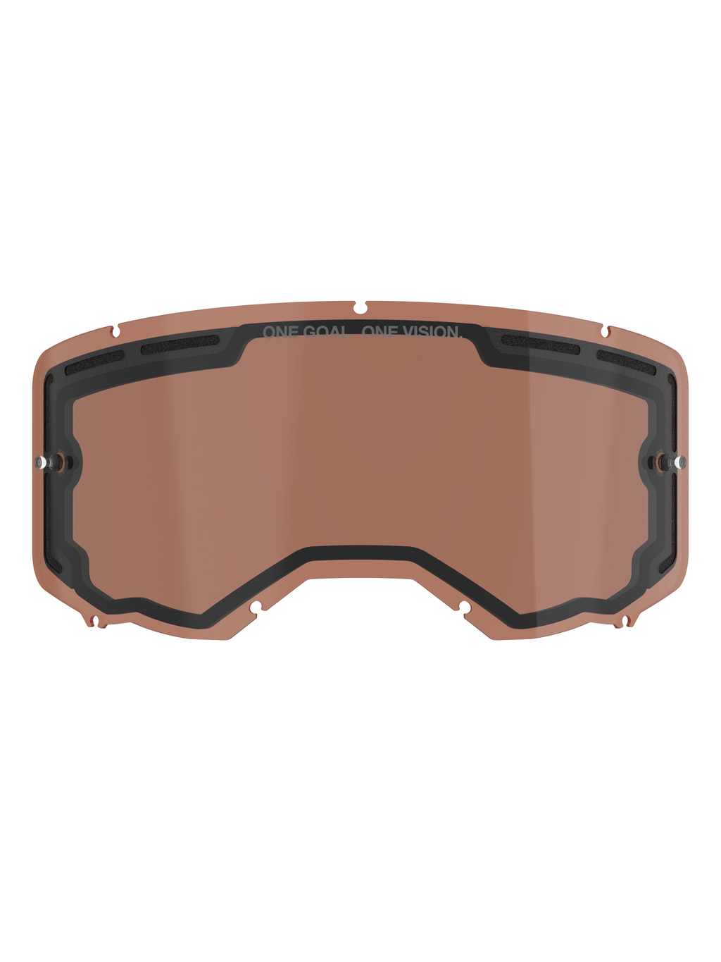 Alpinestars Vision 8-5-3 Dual Pane ventileret linse, Copper Rose-tonet udskiftningslinse til motocrossbriller, med integrerede tear-off-poster, ventilationsporte i toppen og ONE GOAL ONE VISION-branding.