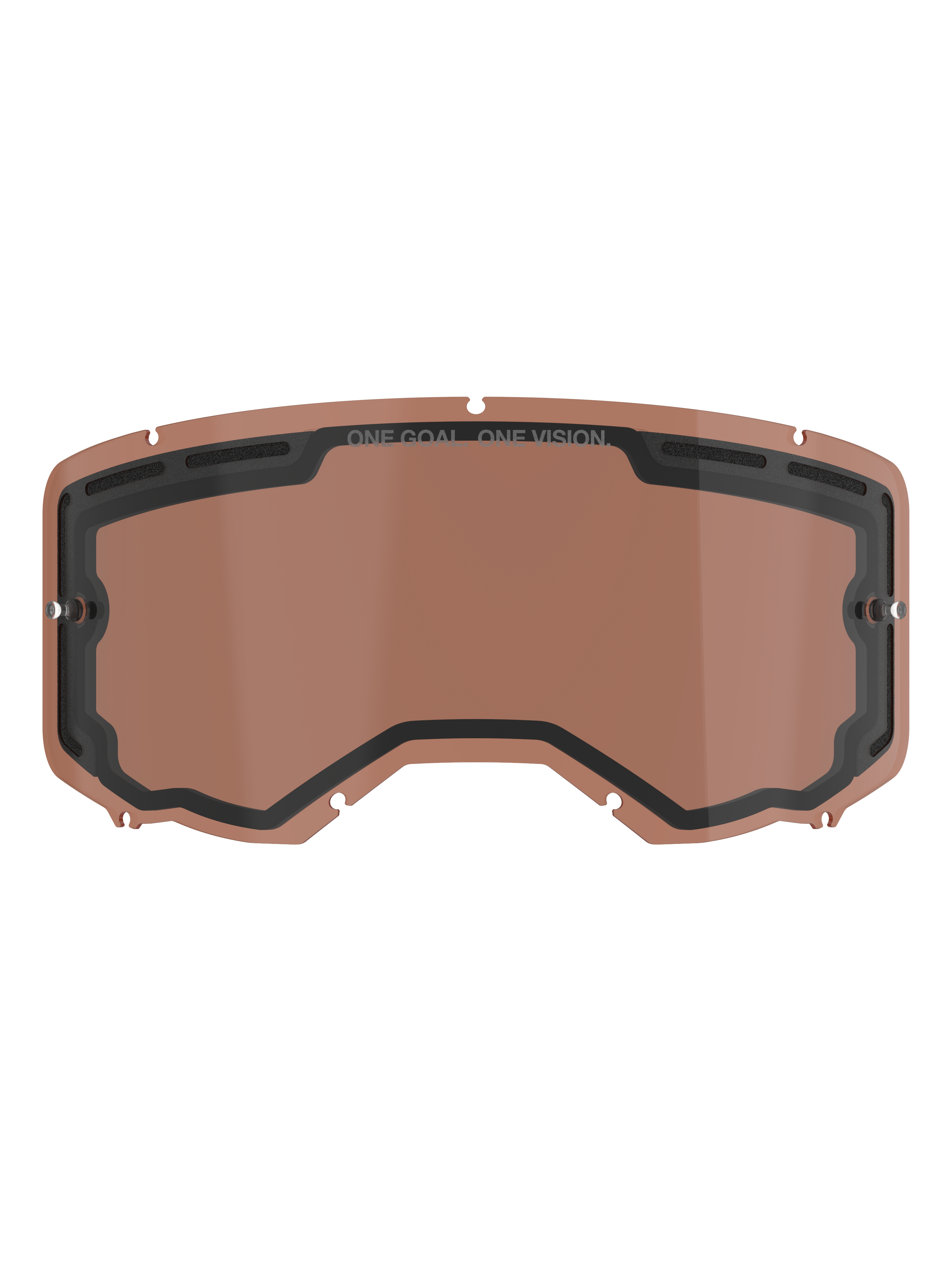 Alpinestars Vision 8-5-3 Dual Pane ventileret linse, Copper Rose-tonet udskiftningslinse til motocrossbriller, med integrerede tear-off-poster, ventilationsporte i toppen og ONE GOAL ONE VISION-branding.