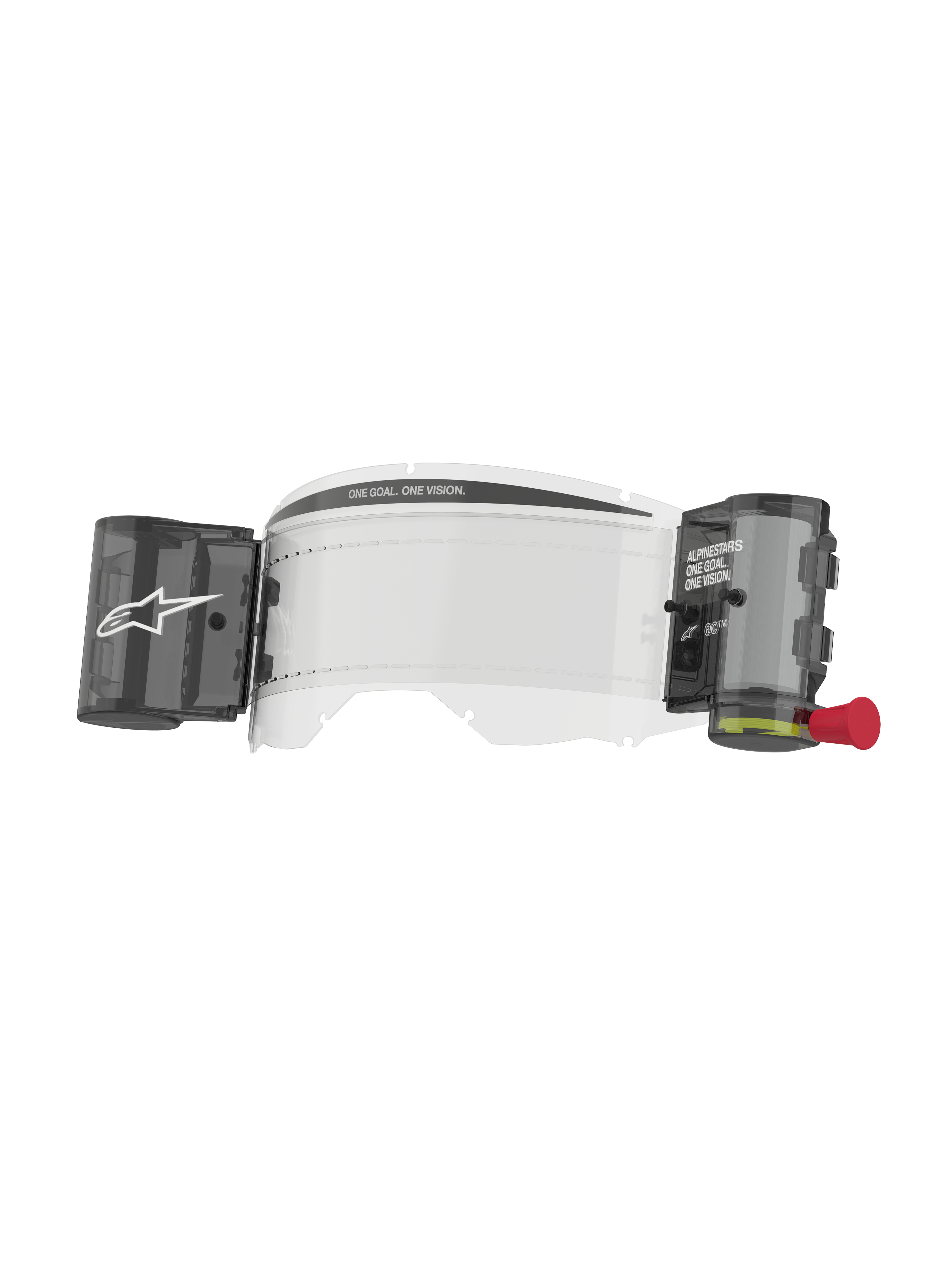 Alpinestars Vision 8-5-3 Roll Film Kit, gennemsigtig goggle-linse, integreret wide vision roll-off system med røgfarvede beholdere, rød trækknap, med 'ONE GOAL. ONE VISION.' branding, essentielt motocross-tilbehør for klart udsyn