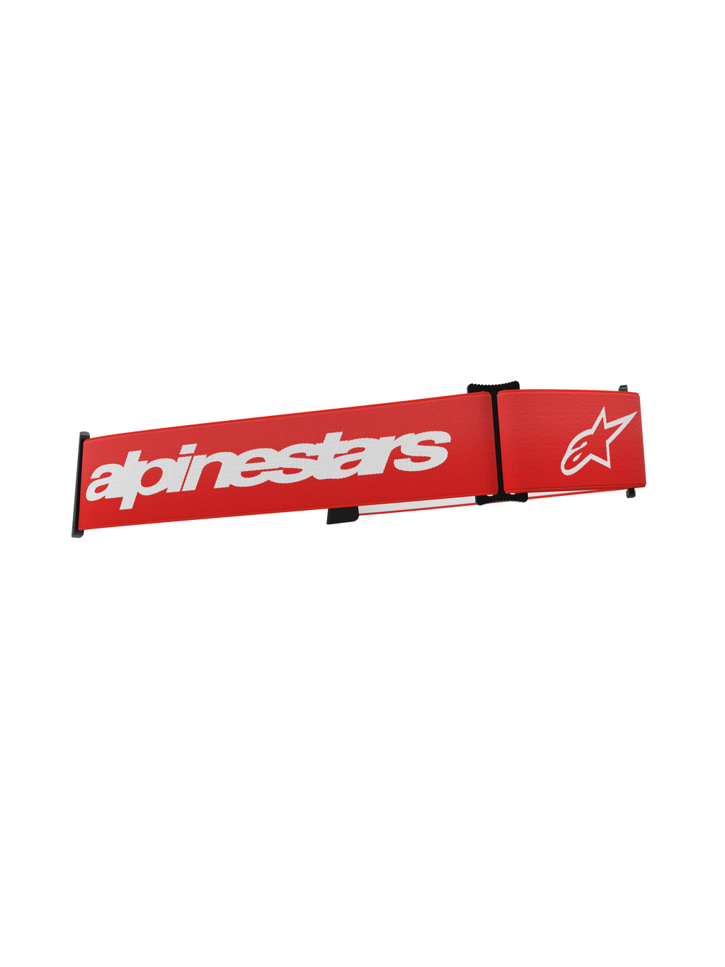 Alpinestars Supertech Goggles-rem, rød udskiftningsrem til motocross-briller, hvidt Alpinestars-logo og tekst, sorte justeringsclips, vævet elastisk stof