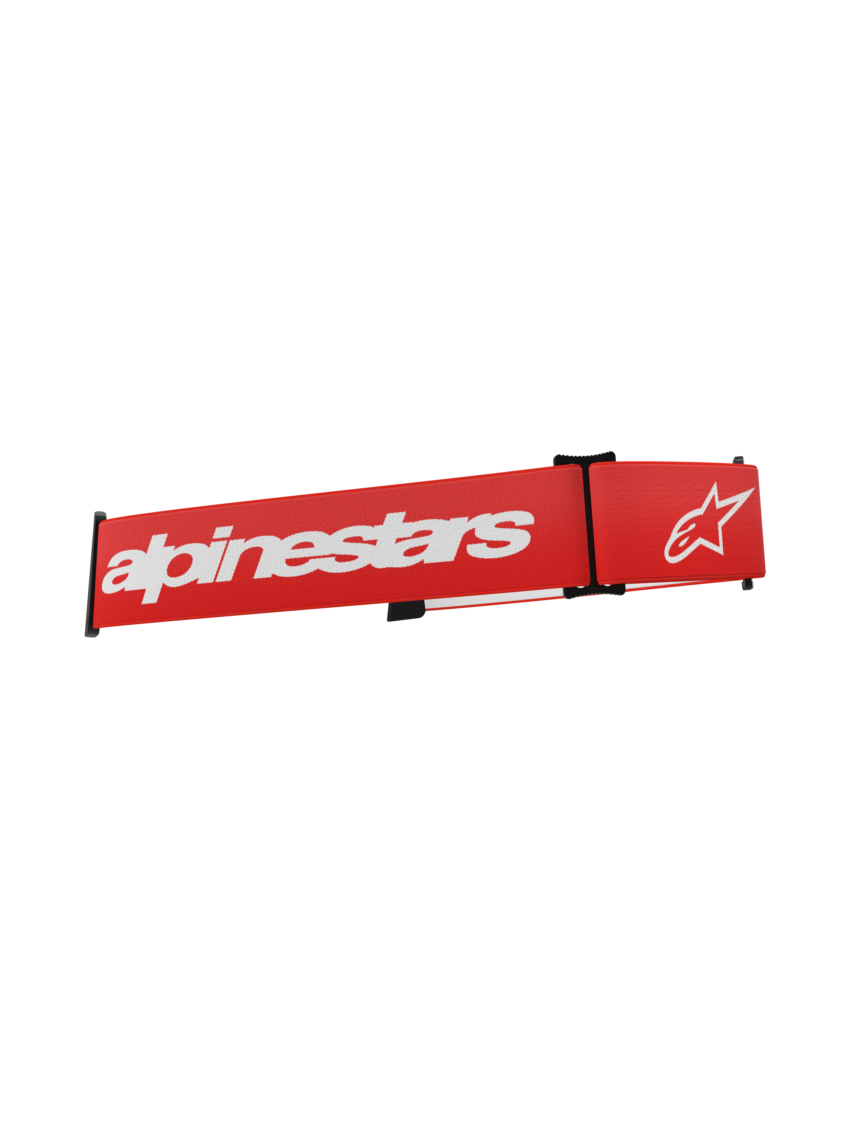 Alpinestars Supertech Goggles-rem, rød udskiftningsrem til motocross-briller, hvidt Alpinestars-logo og tekst, sorte justeringsclips, vævet elastisk stof