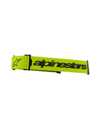 Alpinestars Supertech brillestrop, tilbehør til motocrossbriller, fluorescerende gul og sort, med markant Alpinestars-navnetræk og stjerne-logo, officiel udskiftningsrem til off-road racerbriller