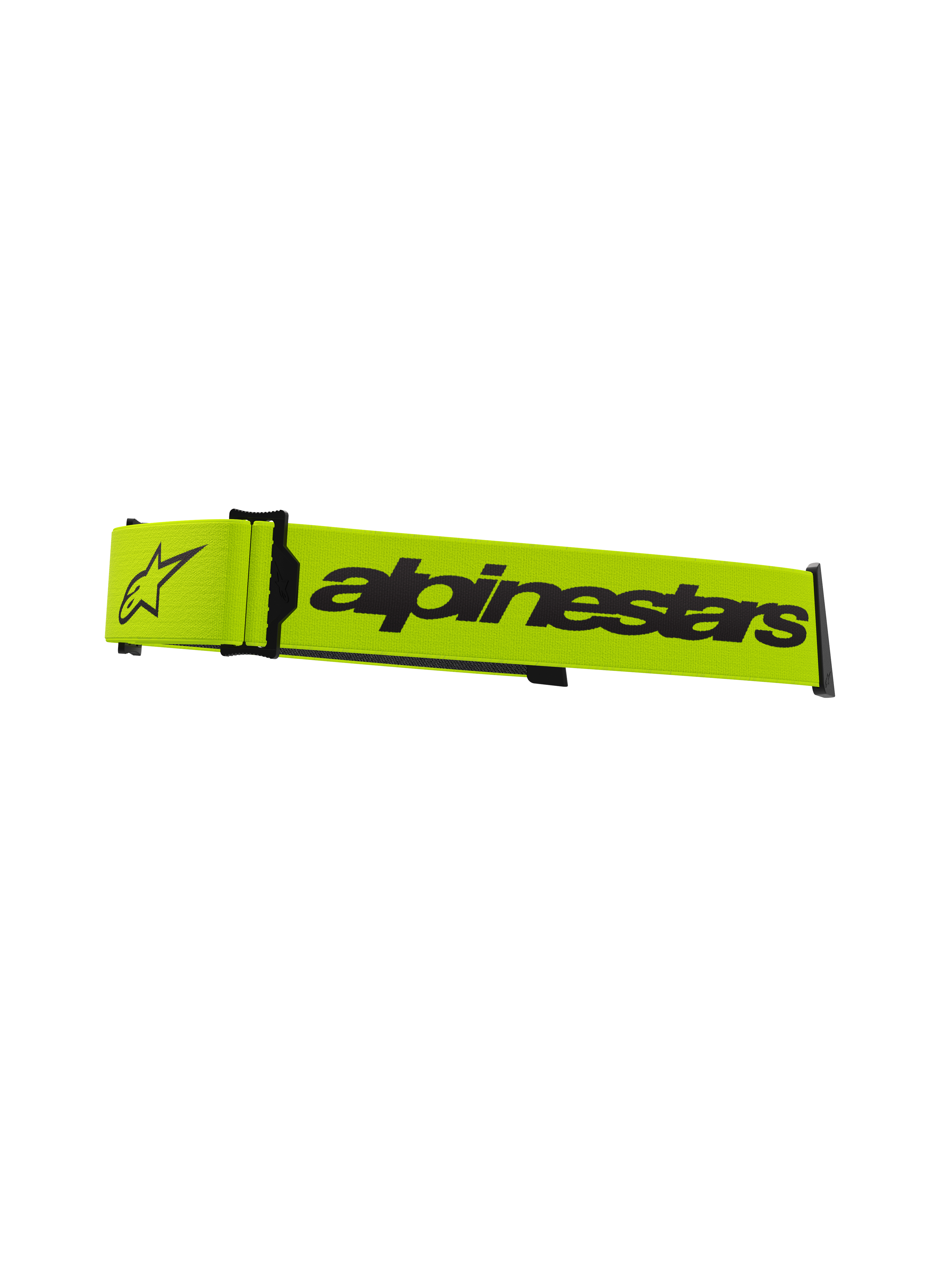 Alpinestars Supertech brillestrop, tilbehør til motocrossbriller, fluorescerende gul og sort, med markant Alpinestars-navnetræk og stjerne-logo, officiel udskiftningsrem til off-road racerbriller