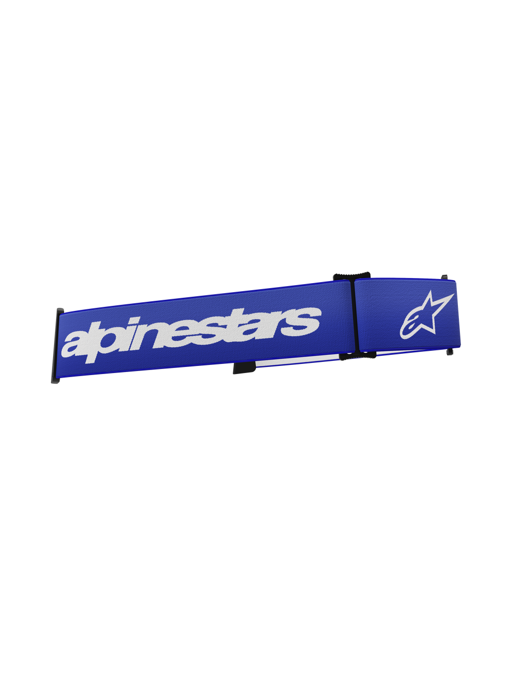 Alpinestars Supertech Goggles-rem, tilbehør til motocrossbriller, blå og hvid, med markant hvid Alpinestars-tekst og stjernelogo på et livligt blåt vævet bånd, udskiftningsrem med klik-på-montering til off-road racing