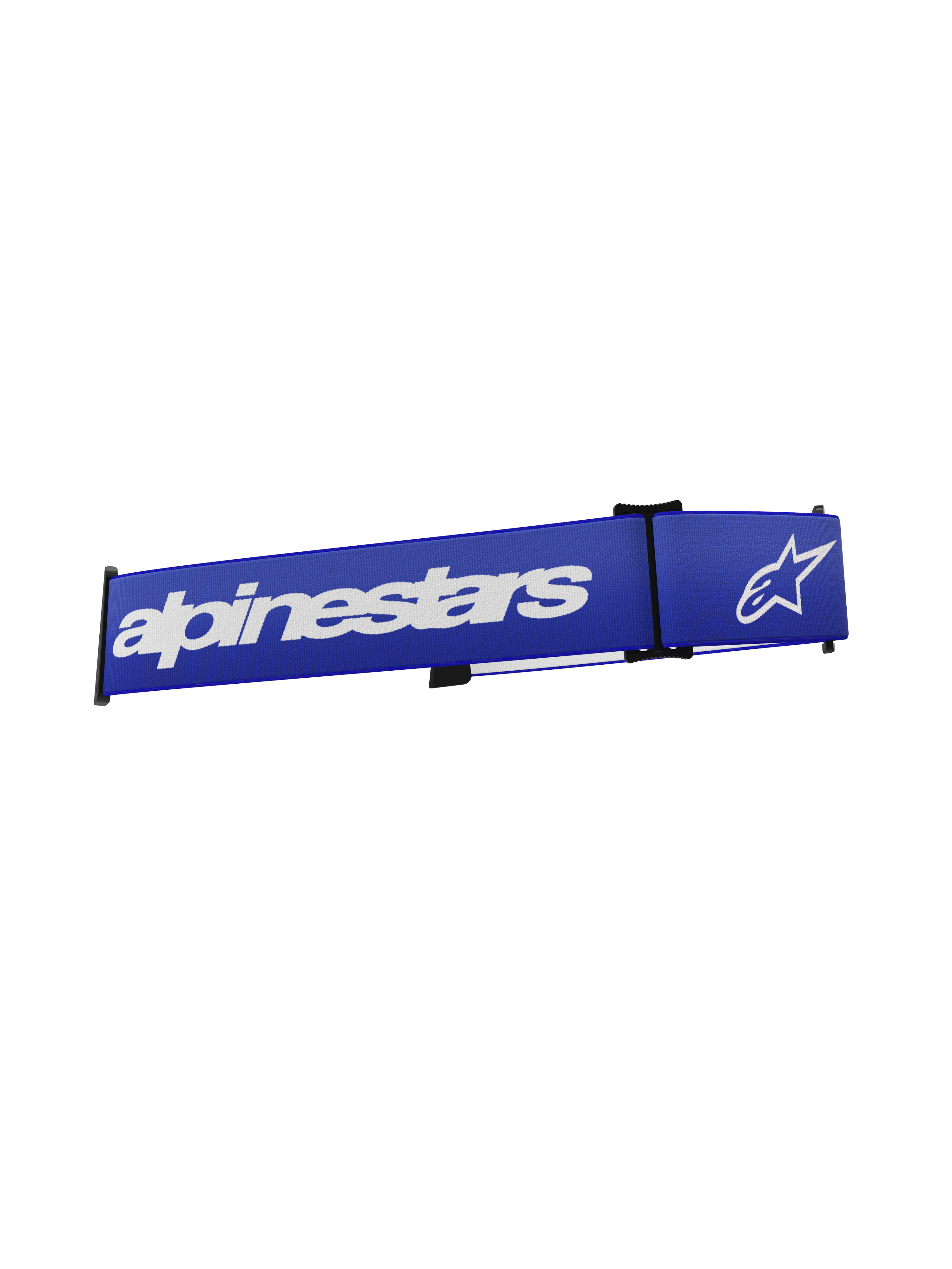 Alpinestars Supertech Goggles-rem, tilbehør til motocrossbriller, blå og hvid, med markant hvid Alpinestars-tekst og stjernelogo på et livligt blåt vævet bånd, udskiftningsrem med klik-på-montering til off-road racing