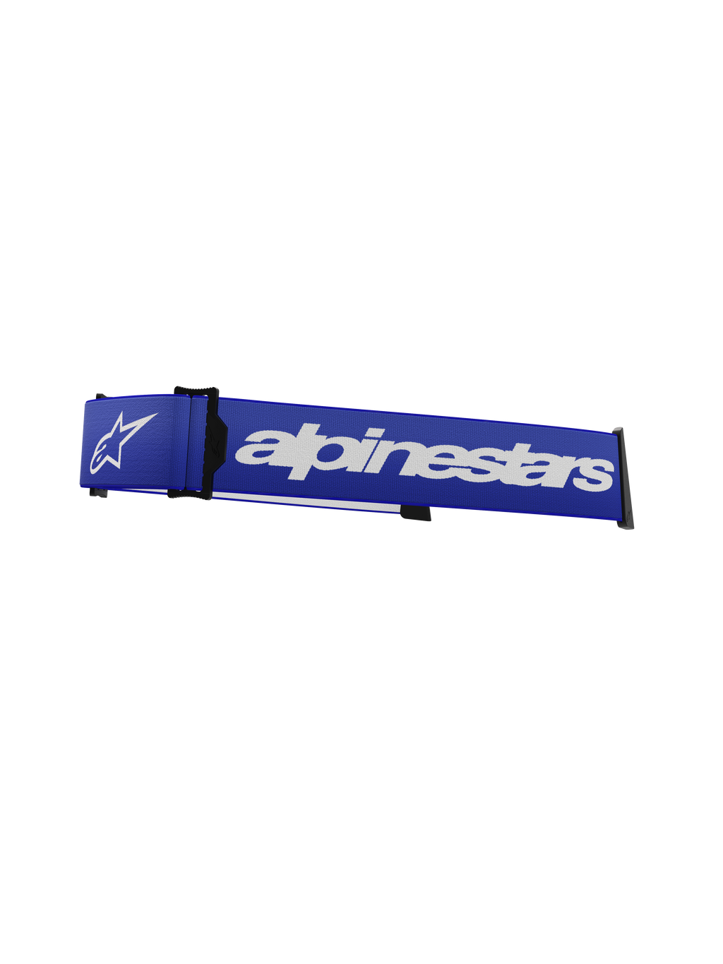 Alpinestars Supertech brillerem, udskiftningsrem til motocross-briller, blå og hvid, markant hvidt Alpinestars-navnetræk og stjernelogo, sort ISP-kile og monteringsclips, holdbar vævet tekstur