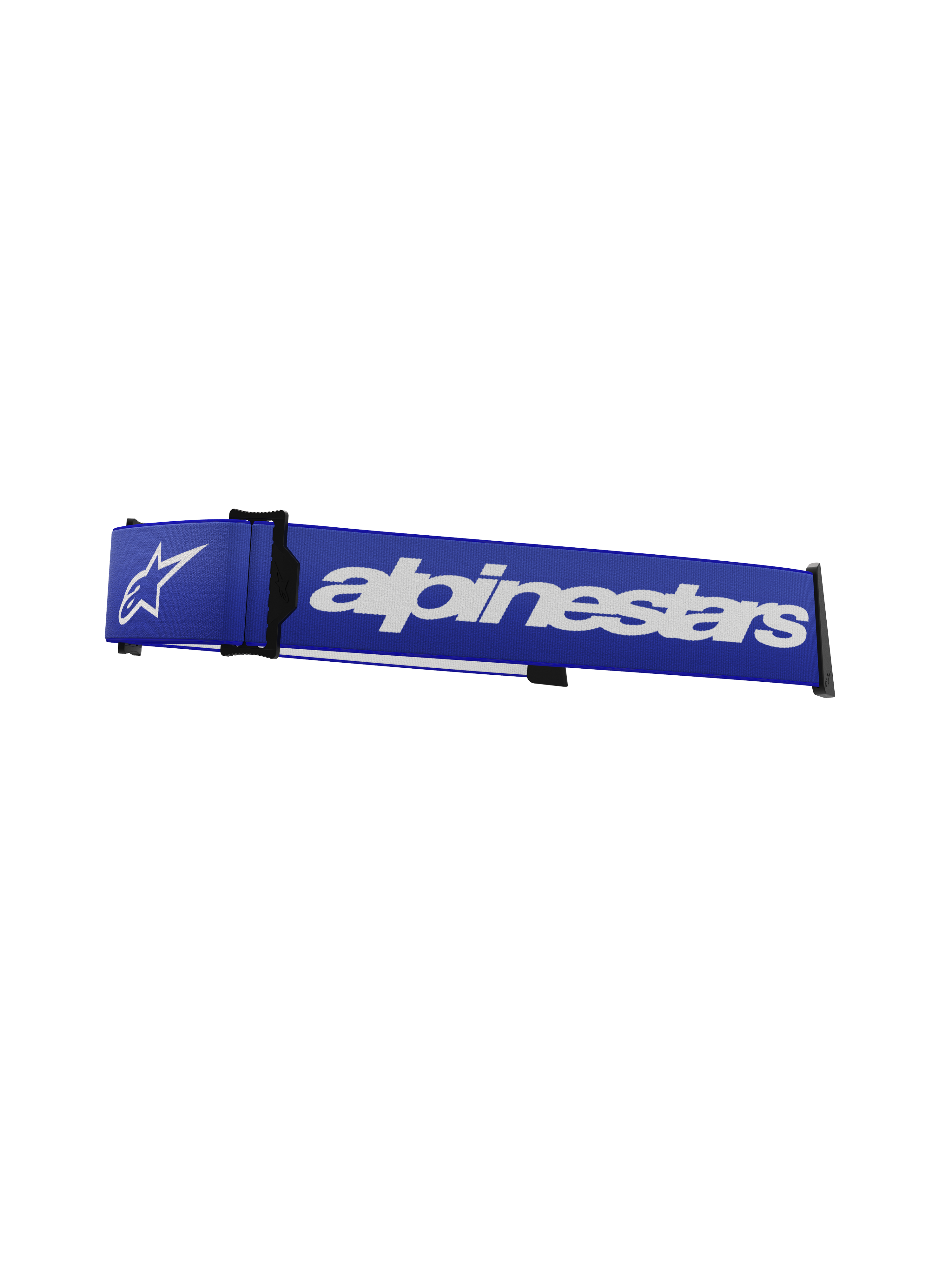 Alpinestars Supertech brillerem, udskiftningsrem til motocross-briller, blå og hvid, markant hvidt Alpinestars-navnetræk og stjernelogo, sort ISP-kile og monteringsclips, holdbar vævet tekstur