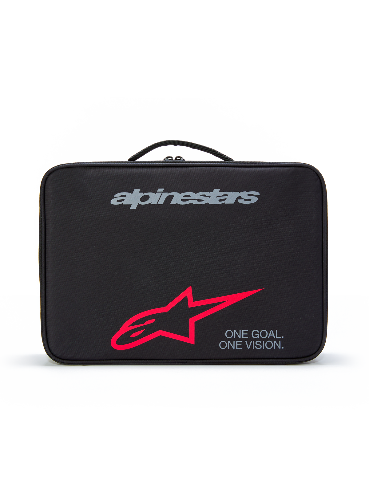 Alpinestars Supertech Vision Goggles Case, sort beskyttende bæretaske med bærehåndtag, gråt logo, stort rødt stjerne-logo, 'ONE GOAL. ONE VISION.' slogan, holdbar opbevaring til motocross-briller