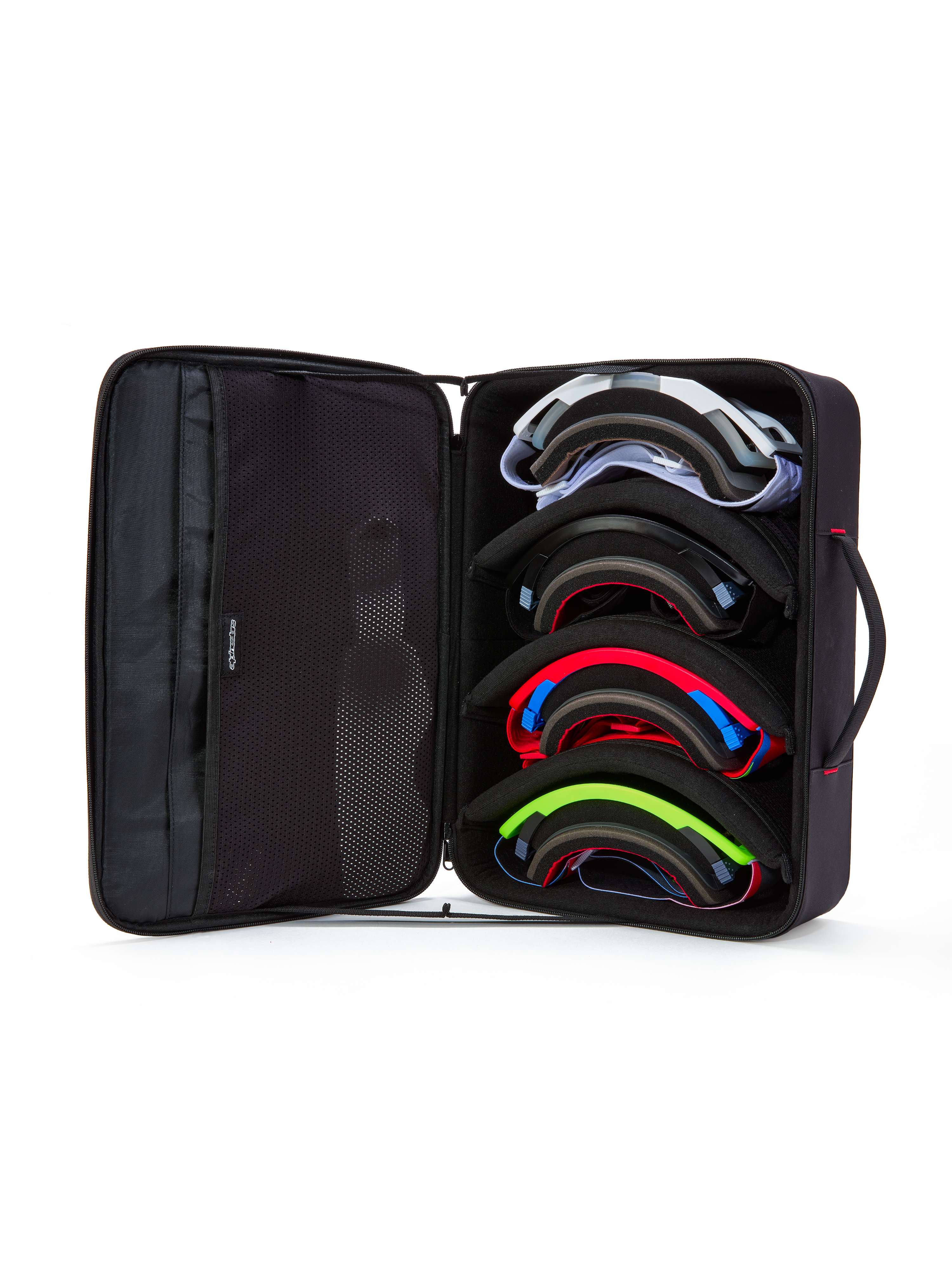 Alpinestars Supertech Vision Goggles Case, Black, open view displaying internal storage for four pairs of colorful motocross goggles, featuring modular dividers and mesh lid pockets, structured briefcase design for eyewear protection