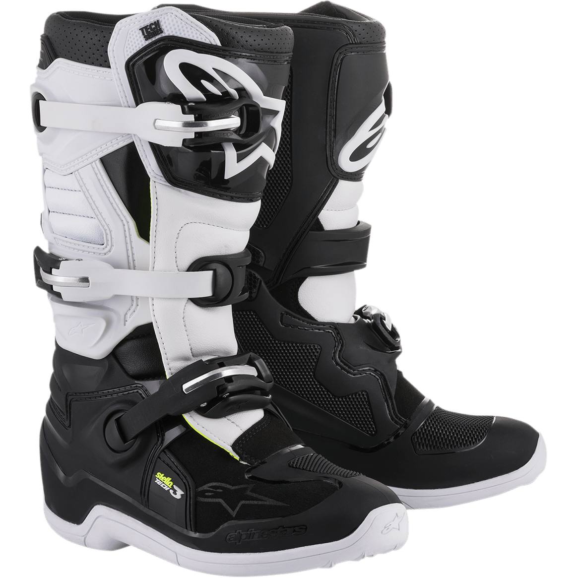 Alpinestars Stella Tech 3 damestøvler, motocross- og off-road-støvler, sort og hvid, med et tre-spænde lukkesystem, hvide TPU skinnebensplader med Alpinestars-branding, sort mikrofiber-overdel med hvide paneler, hvide såler, beskyttende performance-fodtøj til kvindelige kørere
