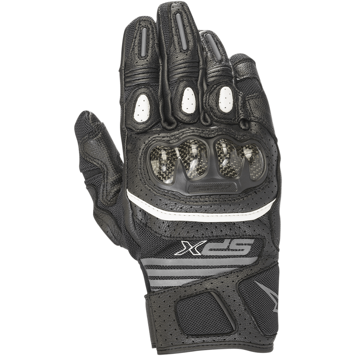 Alpinestars SPX Air Carbon V2 handsker til damer, sort og antracit, kortskaftede motorcykelhandsker, kulfiber knobeskyttelse, perforeret læder og mesh-paneler for ventilation, hvid accentstribe, SPX-branding