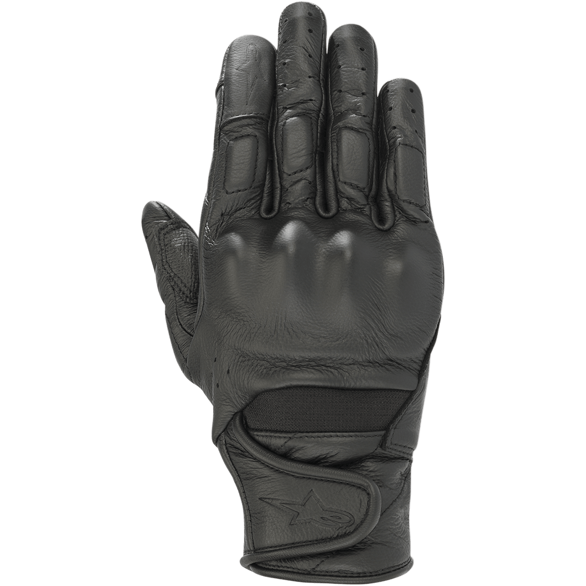 Alpinestars Stella Vika V2 handsker, motorcykelhandsker til damer, sort læder, med perforerede fingre til ventilation, viskoelastisk knobeskyttelse og kort manchet med Velcro-strop og stjerne-logo