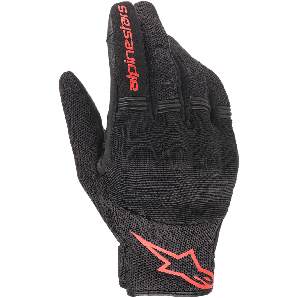 Alpinestars Copper handsker, urbane motorcykelhandsker, sort og rød fluo, med rødt Astars-logo og tekstlogo, mesh- og spandex-konstruktion med polstrede knoer, letvægtsudstyr til pendlere