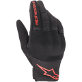 Alpinestars Copper handsker, urbane motorcykelhandsker, sort og rød fluo, med rødt Astars-logo og tekstlogo, mesh- og spandex-konstruktion med polstrede knoer, letvægtsudstyr til pendlere