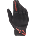 Alpinestars Copper handsker, urbane motorcykelhandsker, sort og rød fluo, med rødt Astars-logo og tekstlogo, mesh- og spandex-konstruktion med polstrede knoer, letvægtsudstyr til pendlere
