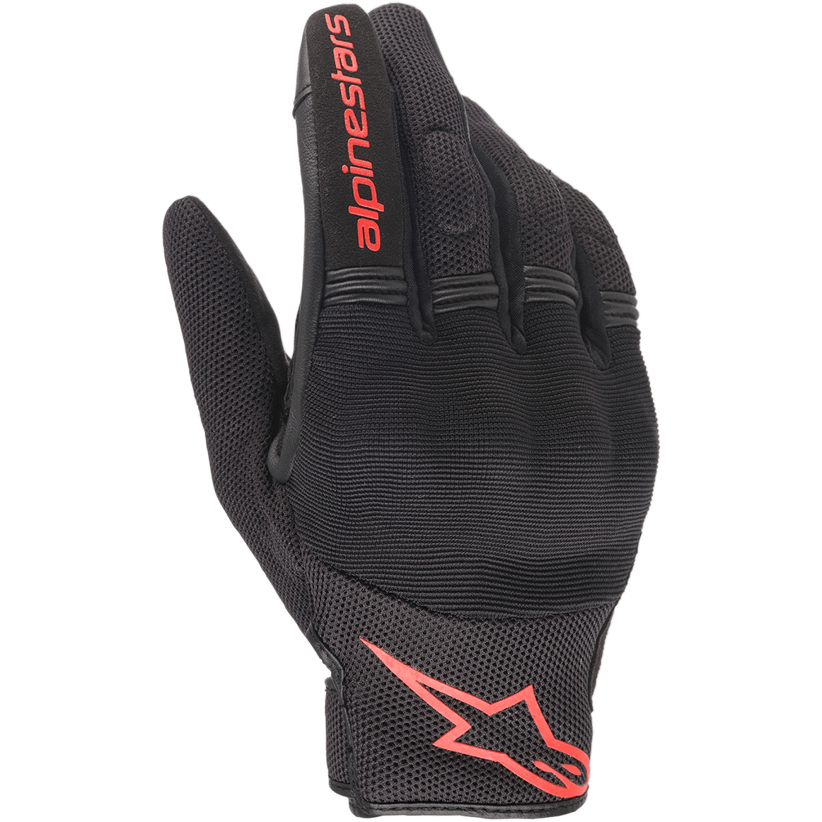 Alpinestars Copper handsker, urbane motorcykelhandsker, sort og rød fluo, med rødt Astars-logo og tekstlogo, mesh- og spandex-konstruktion med polstrede knoer, letvægtsudstyr til pendlere