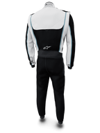 Alpinestars Tech Vision V3 Custom Suit, Auto Racing Suit, White and Black with light blue accents, rear view, featuring Alpinestars logo on the lower back and FIA certification label on the collar, professional fire-retardant racing apparel with Nomex construction