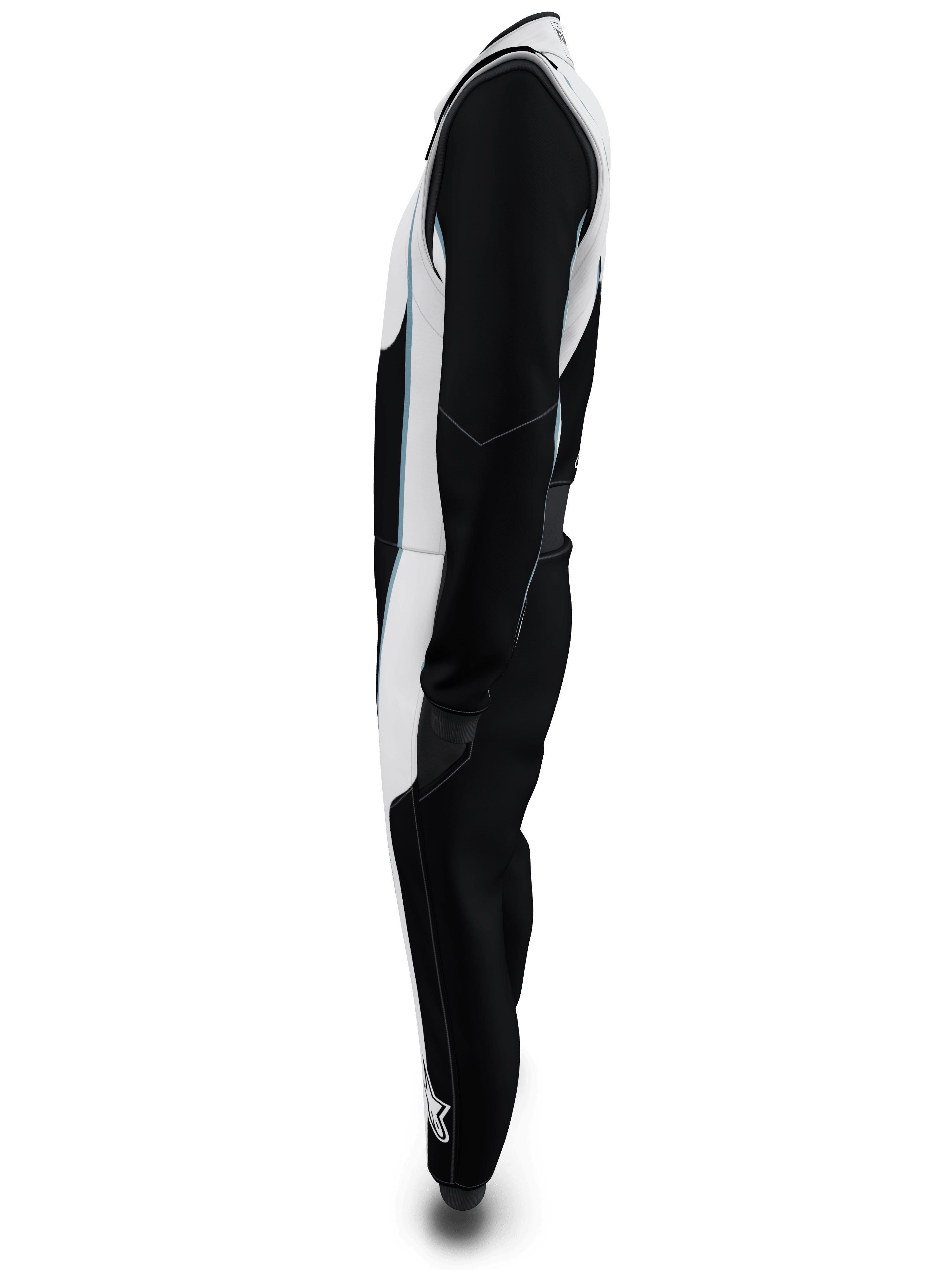 Alpinestars Tech Vision V3 Custom Suit, Side profile view, Black and White with light blue accents, professional FIA and SFI certified auto racing suit, lightweight Nomex construction
