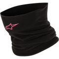 Alpinestars Neck Warmer, sort rørformet halsedisse i fleece med pink stjerne-logo, blødt og varmt stof til motorcykelkørsel og motorsport i koldt vejr