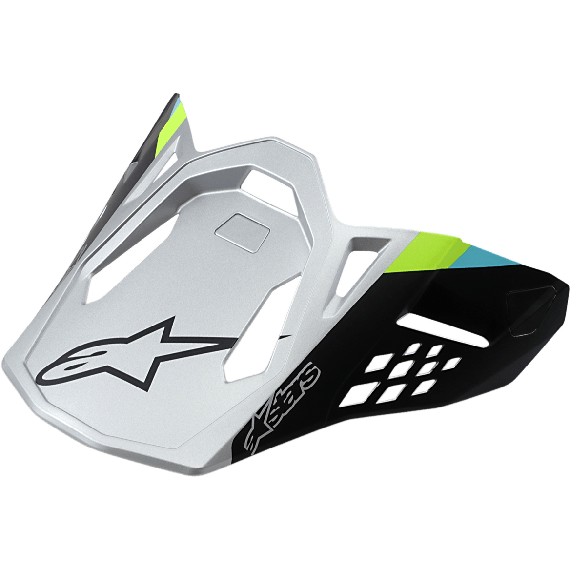 Alpinestars Supertech M8 hjelmvisir Contact, mat sølv og sort, limegrønne og cyan accenter, vinklet aerodynamisk design med sort stjernelogo, geometriske ventilationsudskæringer, udskiftningsskygge til motocrosshjelme