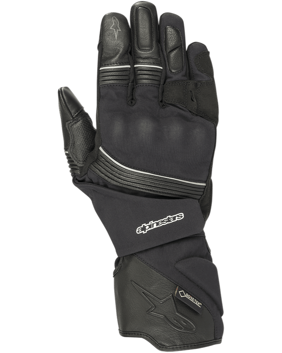 Alpinestars Jet Road handsker, sorte motorcykelhandsker, Gore-Tex vandtætte, læder- og tekstilkonstruktion, lang manchet, forstærket knobeskyttelse, refleksstriber, adventure touring udstyr