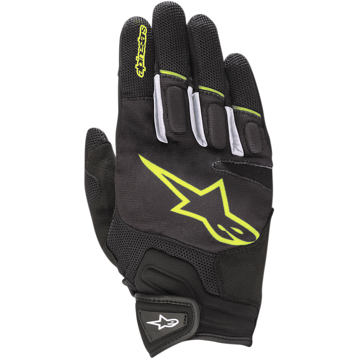 Alpinestars Atom handsker, lette motorcykelhandsker til vej, sort og neongul, mesh-overdel for ventilation, stort neongult logo på baghånden, hvide detaljer på fingrene, burrebåndslukning til urban brug