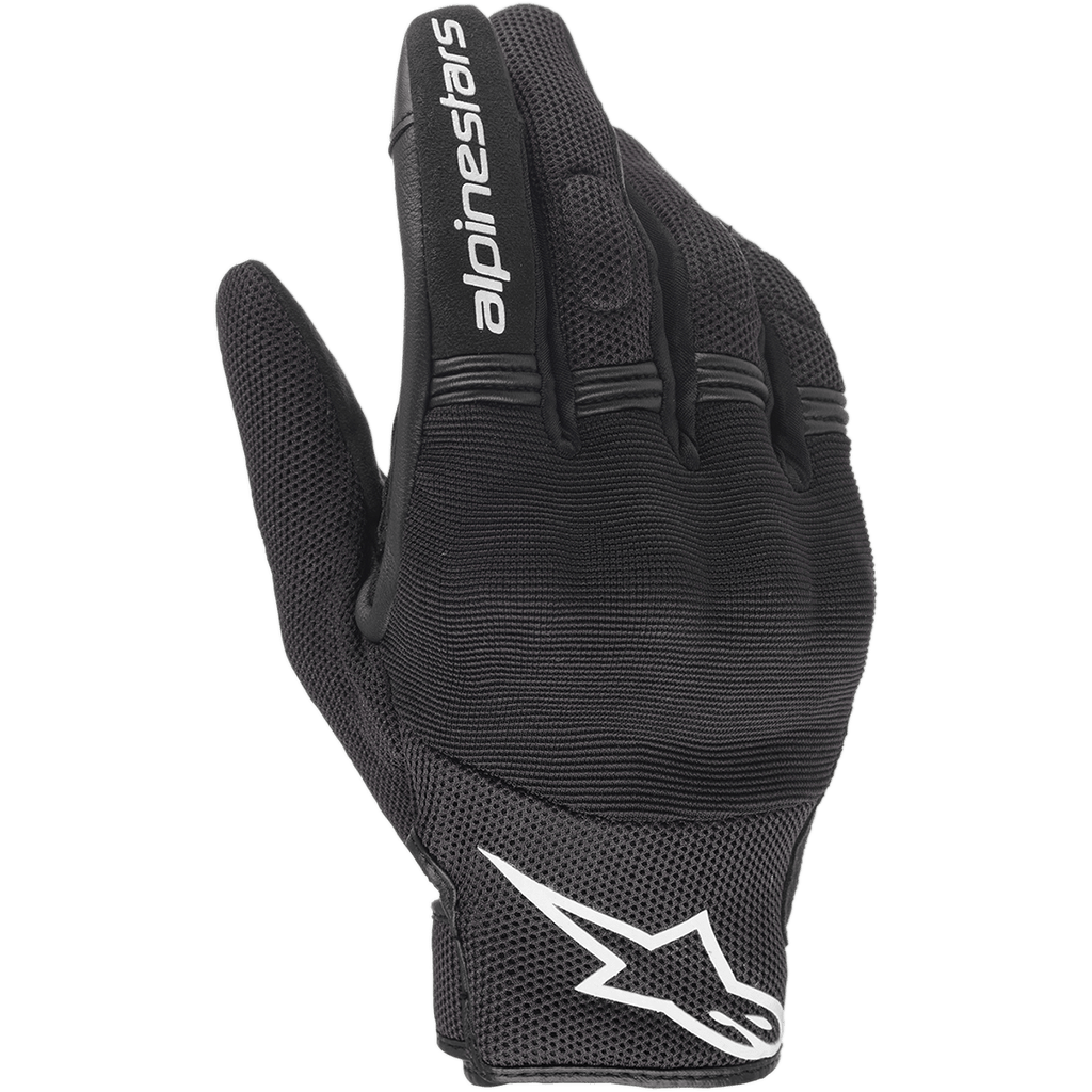 Alpinestars Stella Copper Women's Gloves, Black and White Motorcycle Gloves, urban style with mesh ventilation, featuring a white star logo on the cuff and white text on the index finger, lightweight textile construction.