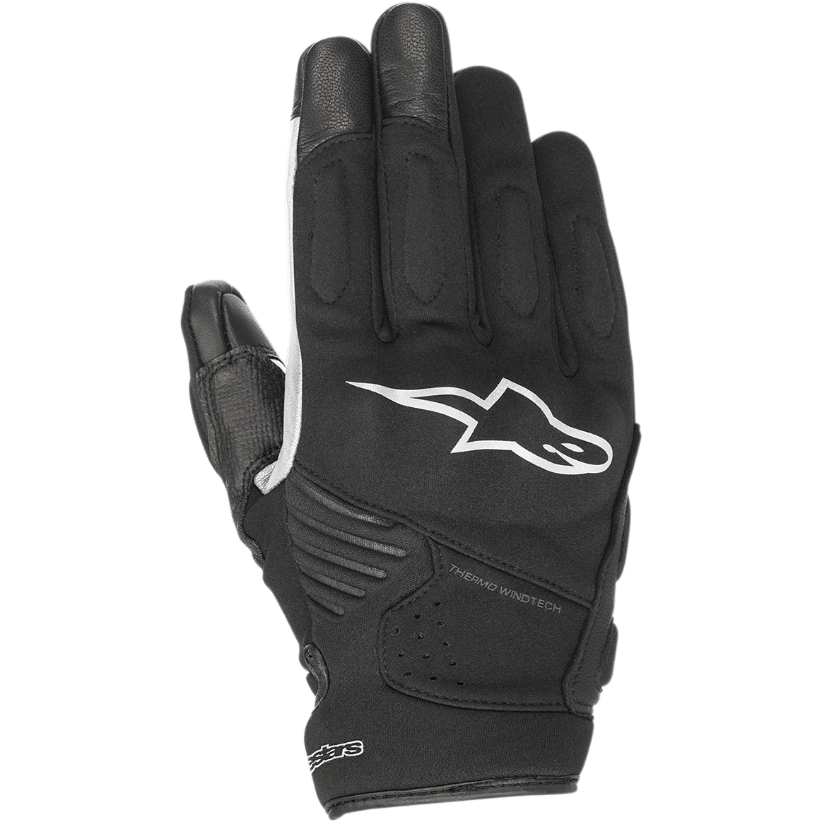 Alpinestars Faster handsker, sorte motorcykelhandsker med hvidt logo, Thermo Windtech-teknologi, polstrede knoer, softshell-konstruktion i flere materialer, urbant design med kort manchet.