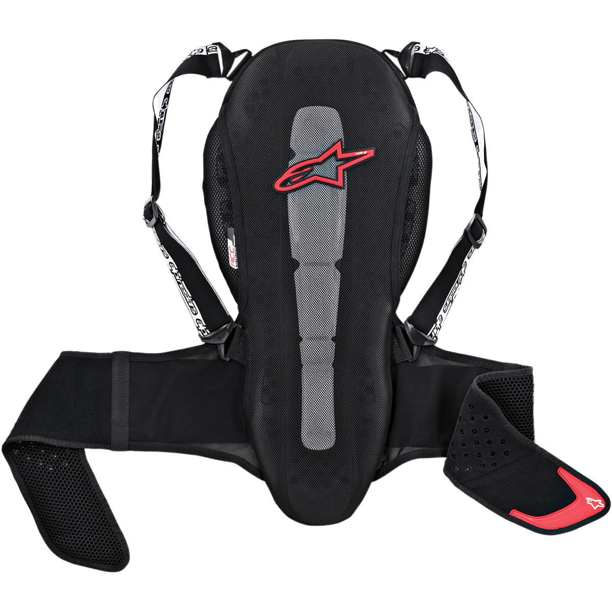 Alpinestars Nucleon Kr-2 rygbeskytter, motorcykel rygpanser, sort med rødt stjernelogo, mesh-konstruktion med gråt midterpanel, justerbare skulderstropper og mavebælte, ergonomisk design med perforerede sidepuder