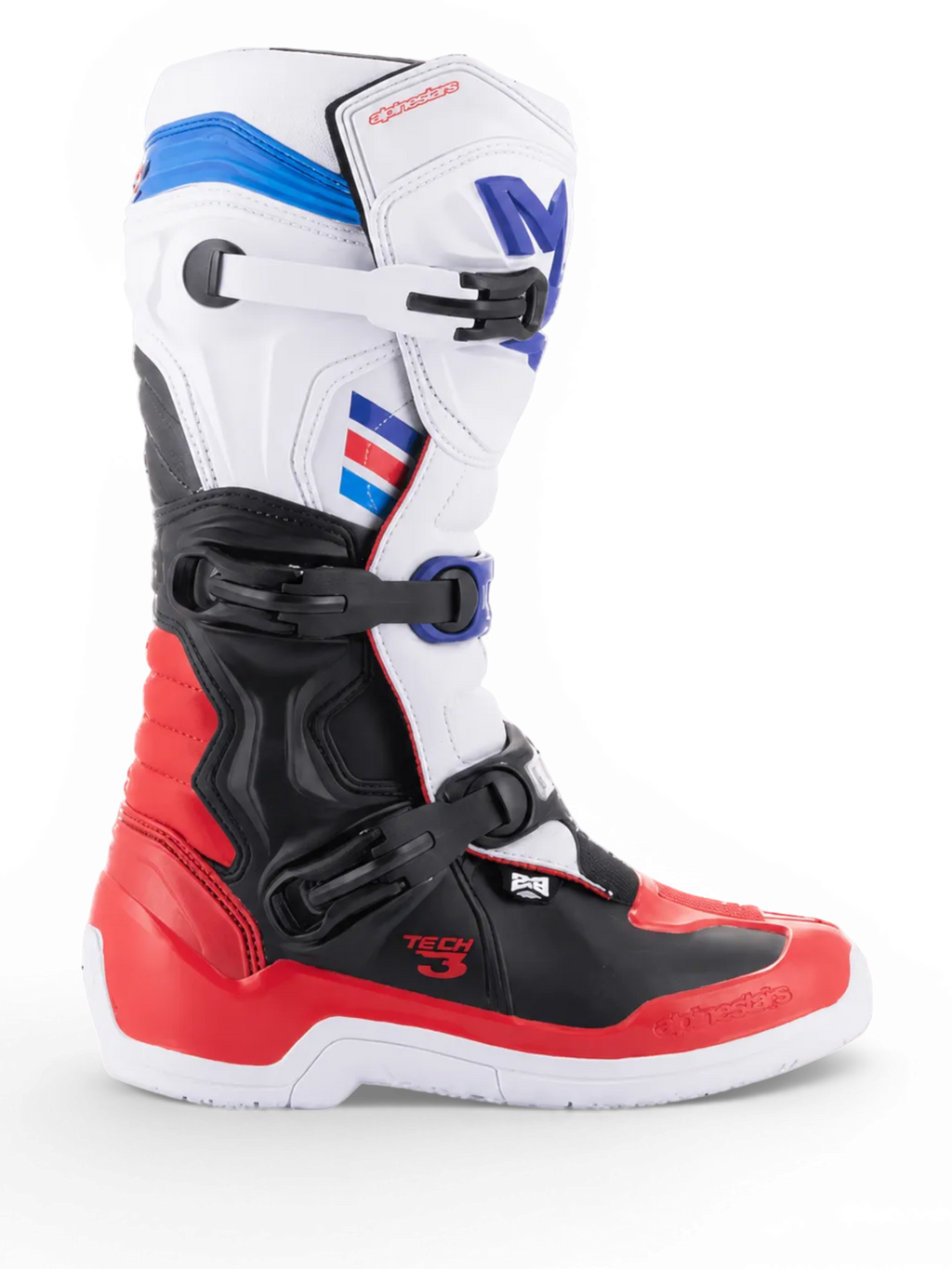 Alpinestars Tech 3 motocrossstøvler, hvide og knaldrøde med mørkeblå detaljer, sort TPU-beskyttelse og lukning med tre spænder, set fra siden