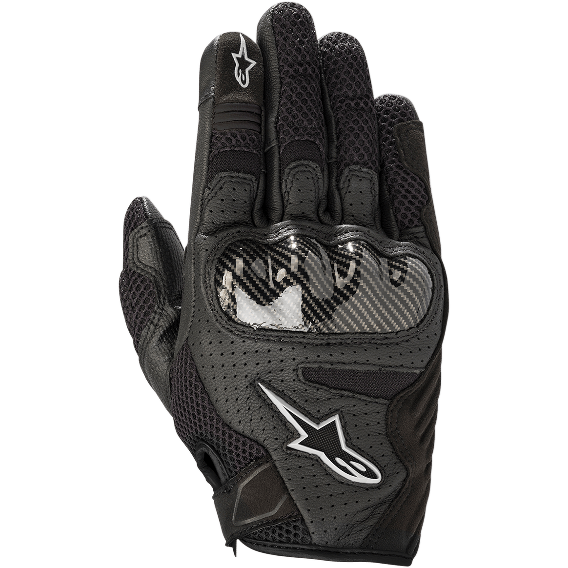 Alpinestars Stella SMX-1 Air V2 handsker til kvinder, motorcykelhandsker, sort, perforeret læder og åndbart mesh, kulfiber-lignende knobeskyttelse, hvide Alpinestars stjernelogoer, sport-orienteret design med kort manchet