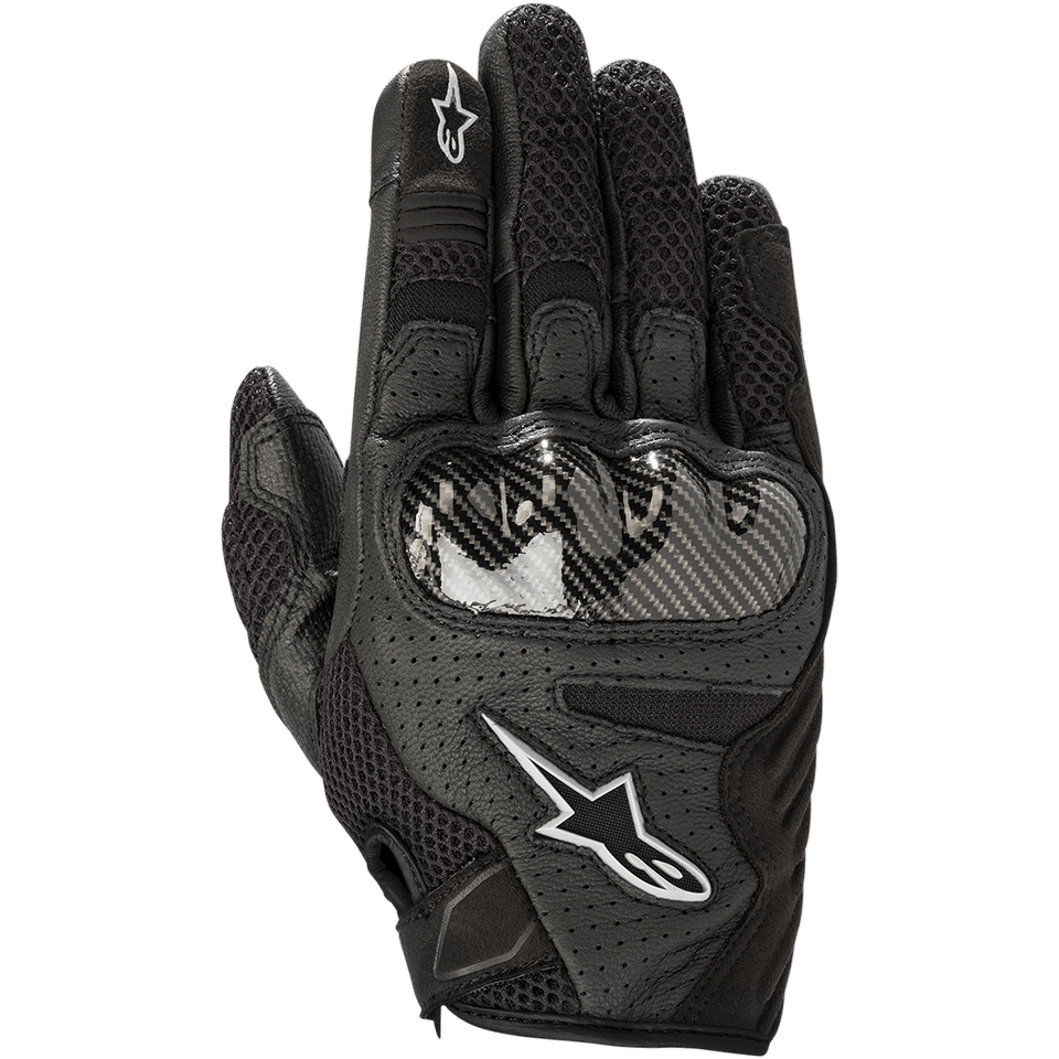Alpinestars Stella SMX-1 Air V2 handsker til kvinder, motorcykelhandsker, sort, perforeret læder og åndbart mesh, kulfiber-lignende knobeskyttelse, hvide Alpinestars stjernelogoer, sport-orienteret design med kort manchet