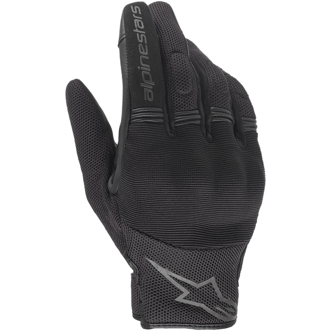 Alpinestars Stella Copper Women's Gloves, Black Motorcycle Gloves, backhand view showing mesh and textile construction, features ribbed accordion panels on fingers, alpinestars wordmark on the index finger and star logo on the wrist, lightweight urban design
