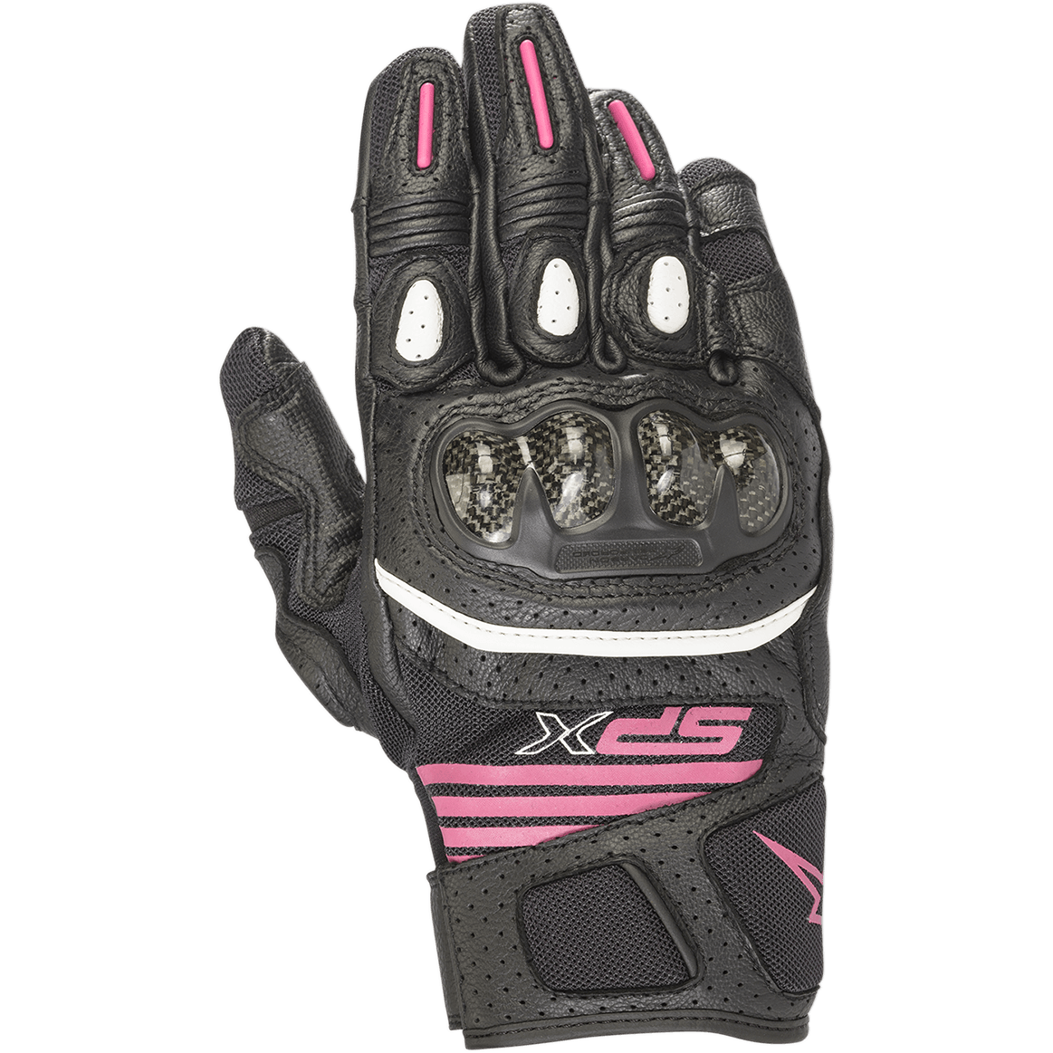 Alpinestars SPX Air Carbon V2 damehandsker, korte motorcykelhandsker, sort og fuchsia, kulfiber knobeskytter, perforeret læder og mesh, hvide detaljer, fuchsia branding på håndleddet