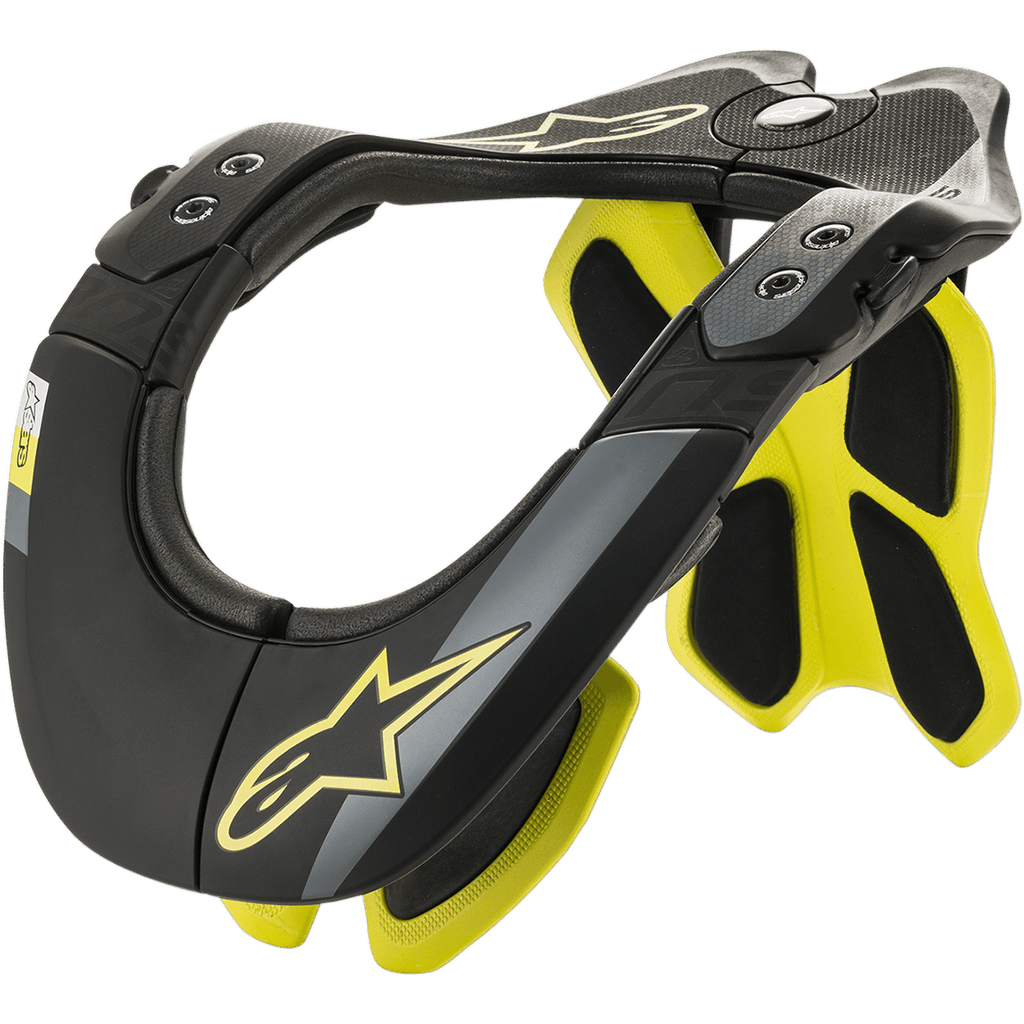 Alpinestars BNS Tech 2 nakkestøtte, nakkebeskyttelse til motorcykel, sort og fluorescerende gul, ergonomisk kulfiber-polymerramme med polstret inderside, stjernelogo-detalje, motocross- og off-road-beskyttelse